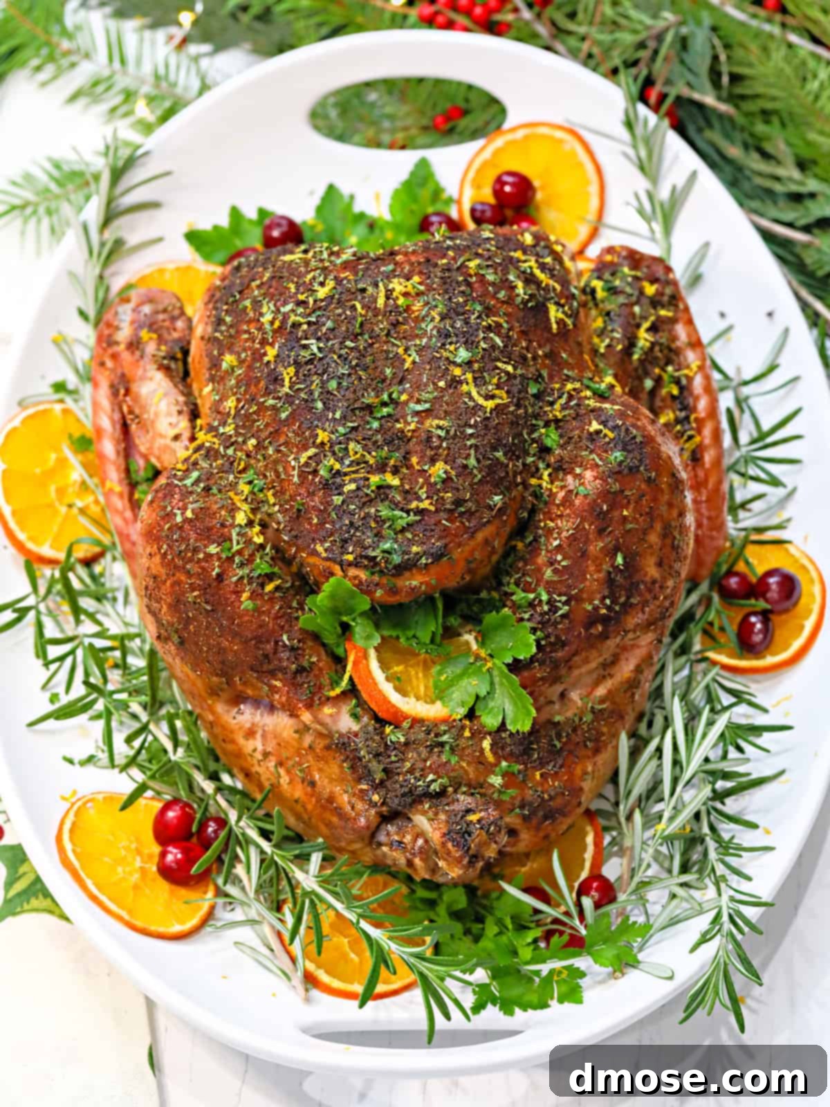 A roasted dry-brined turkey on a garnished platter, ready for serving.
