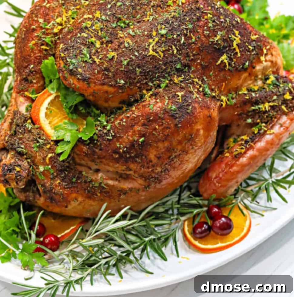 A roasted dry-brined turkey, prominently featured in a recipe card image.