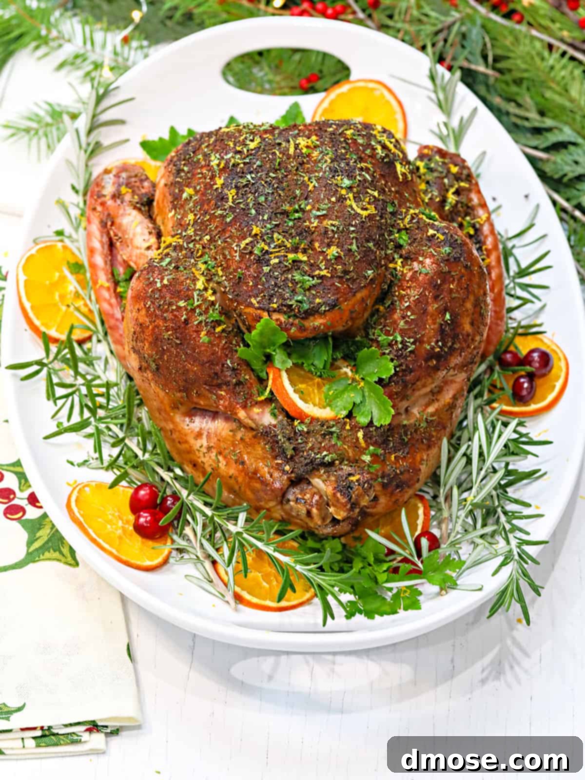 A beautifully roasted dry-brined turkey, garnished with fresh herbs and citrus.