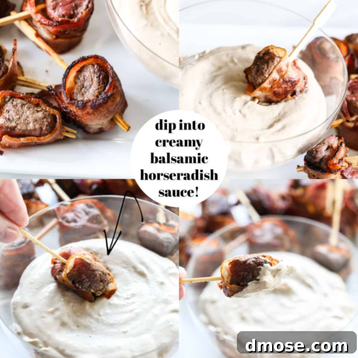 A fully assembled platter of bacon-wrapped filet mignon appetizers with the creamy horseradish dipping sauce.