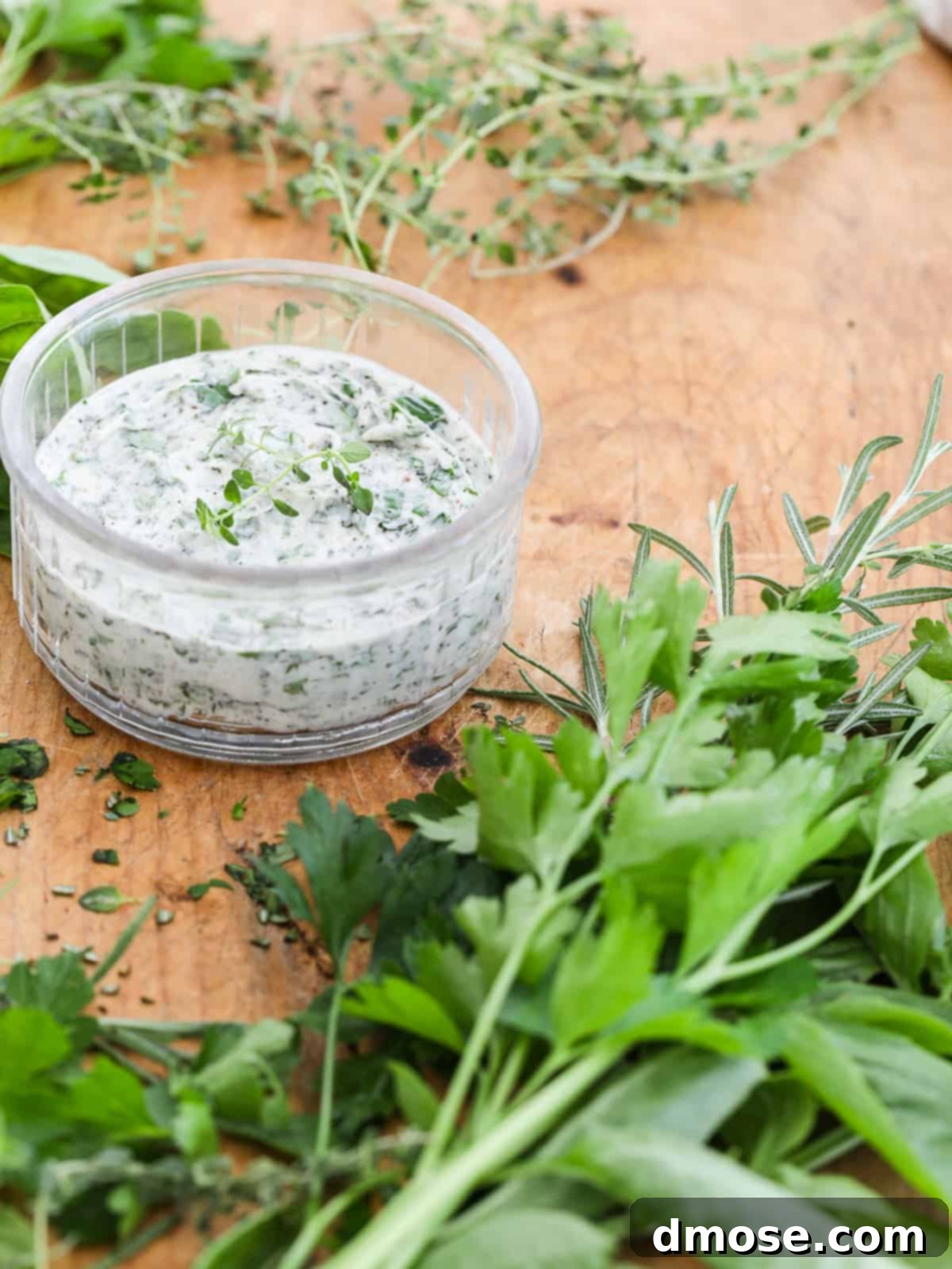 A clear round small dish filled with herb butter and herbs chopped on a cutting board.