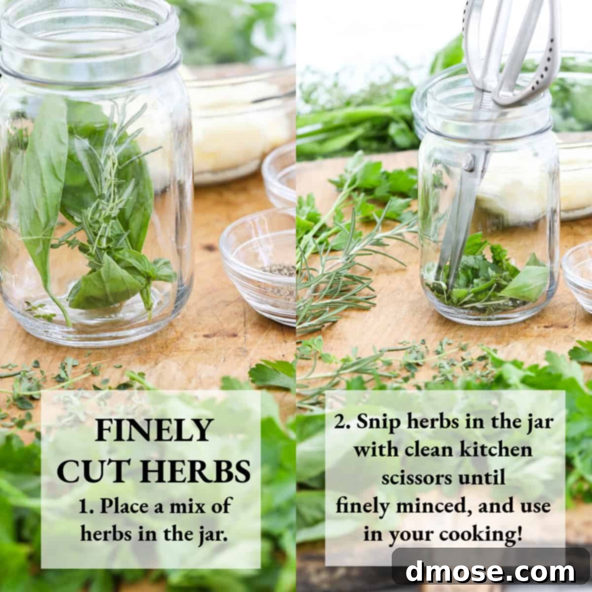 Finely cut herbs, showing the result of the easy snipping method.