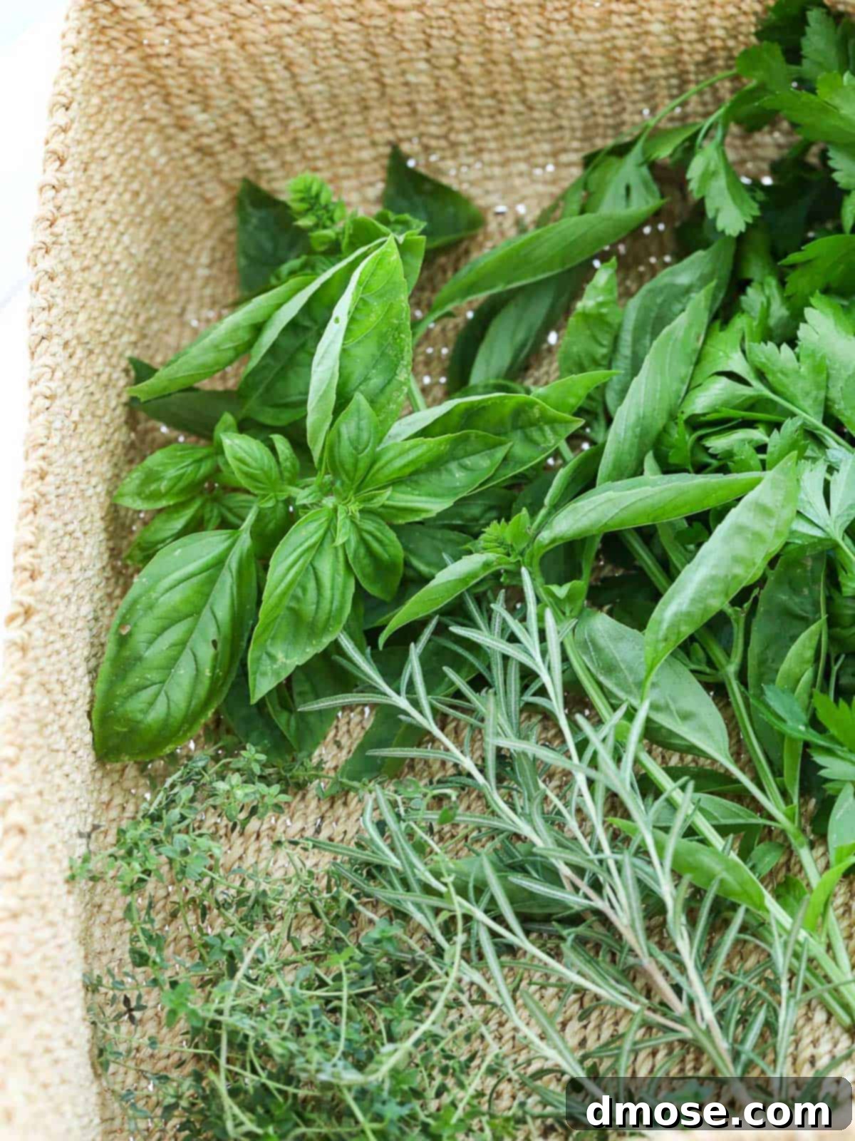 A natural basket with fresh herbs piled in the basket, ready for use.
