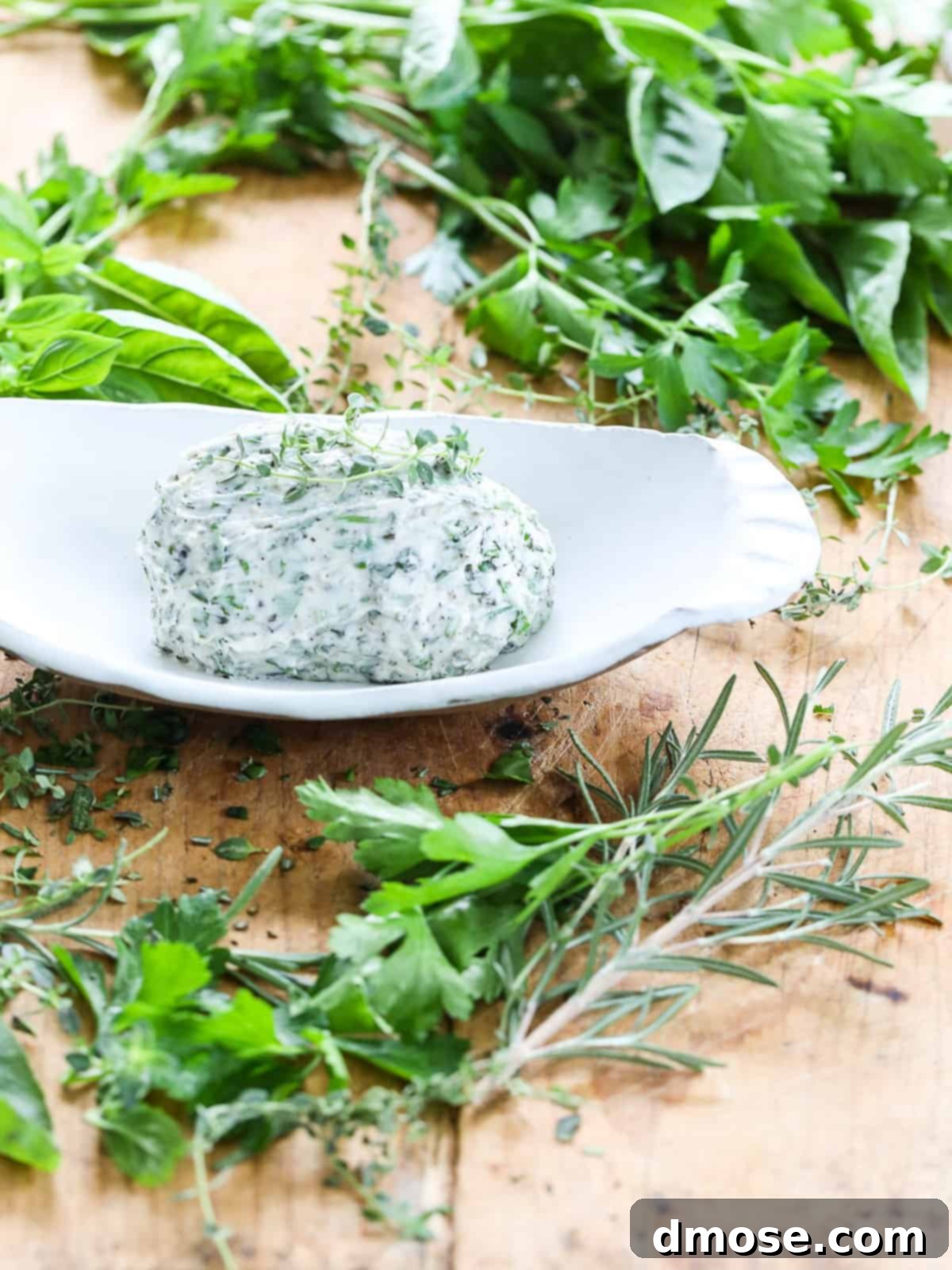 Fresh herb butter in a white dish on a cutting board with herbs.