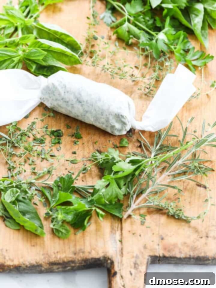 Herbed butter wrapped in parchment paper on a vintage cutting board with fresh herbs.