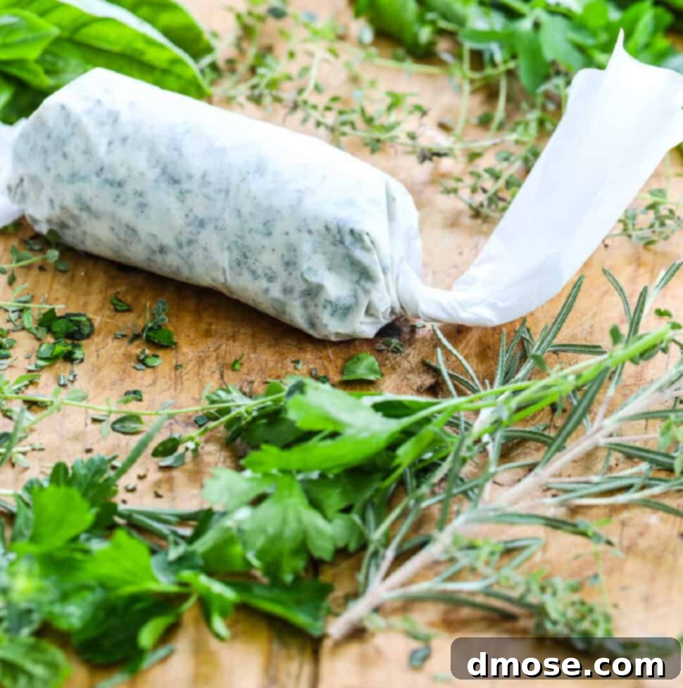 Homemade herb butter wrapped in parchment paper on a cutting board with fresh herbs.