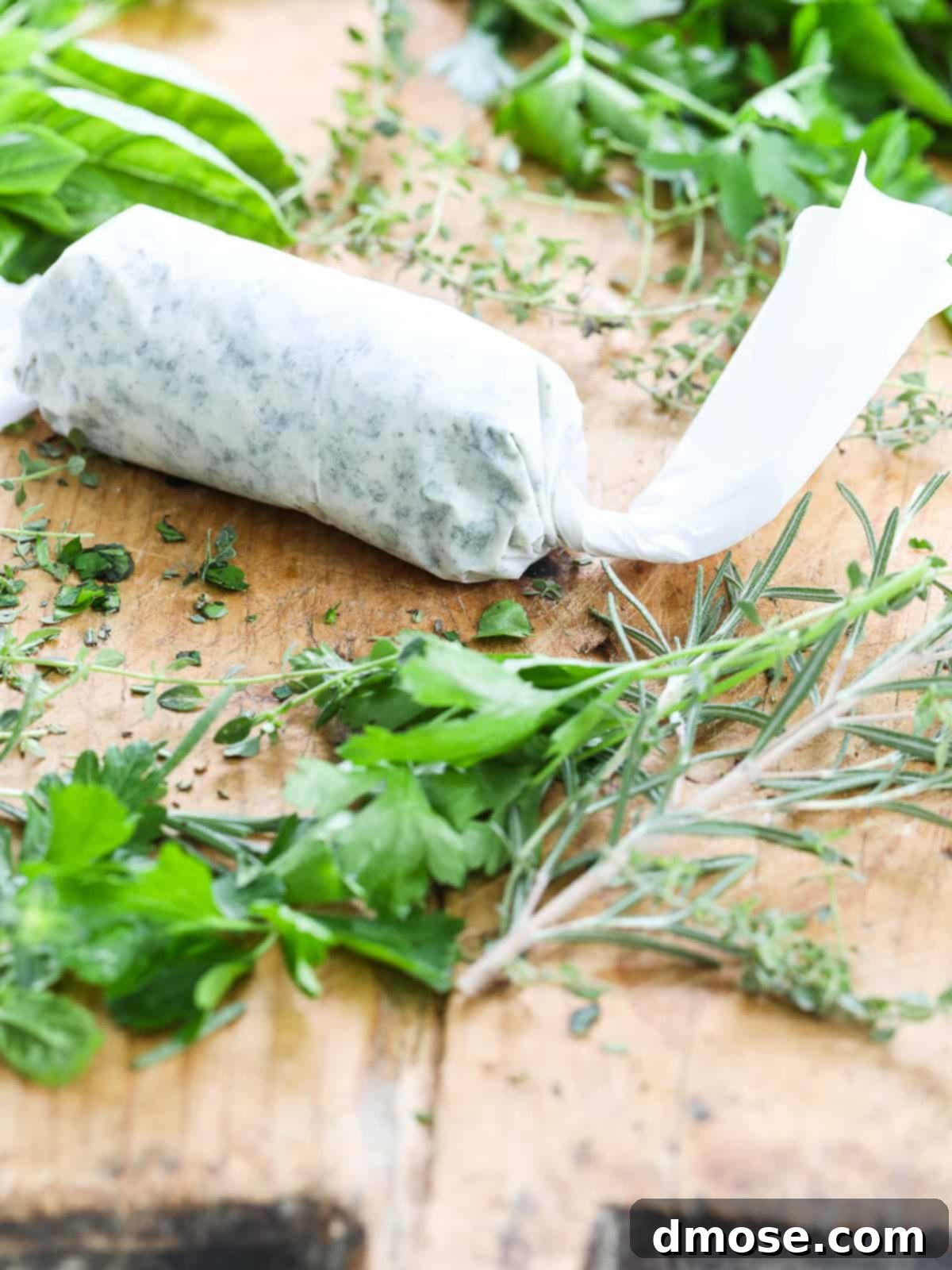 Herb butter wrapped in a piece of white parchment paper on a cutting board with fresh herbs.