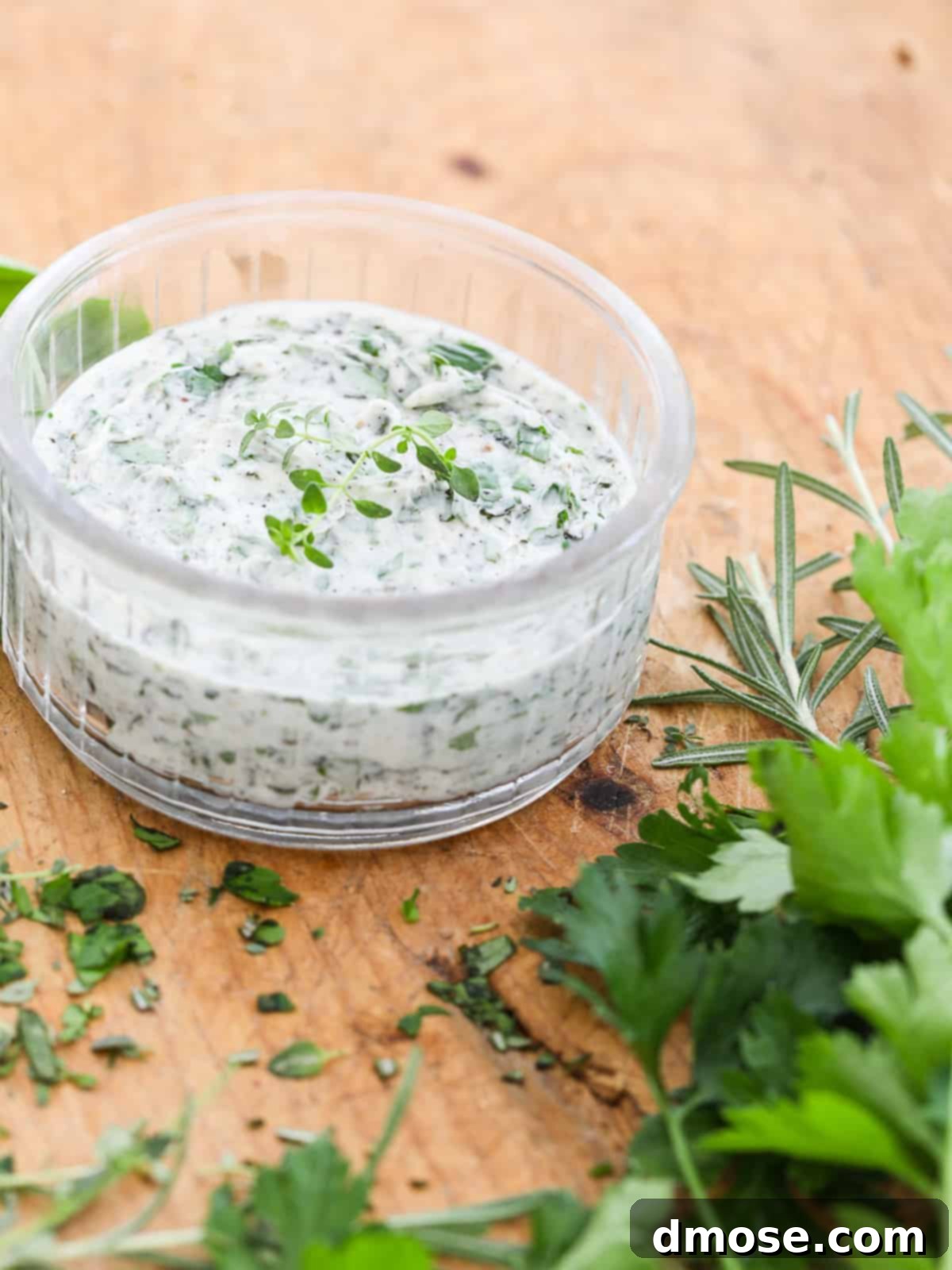 Cutting board with a small glass round dish filled with homemade herb butter.