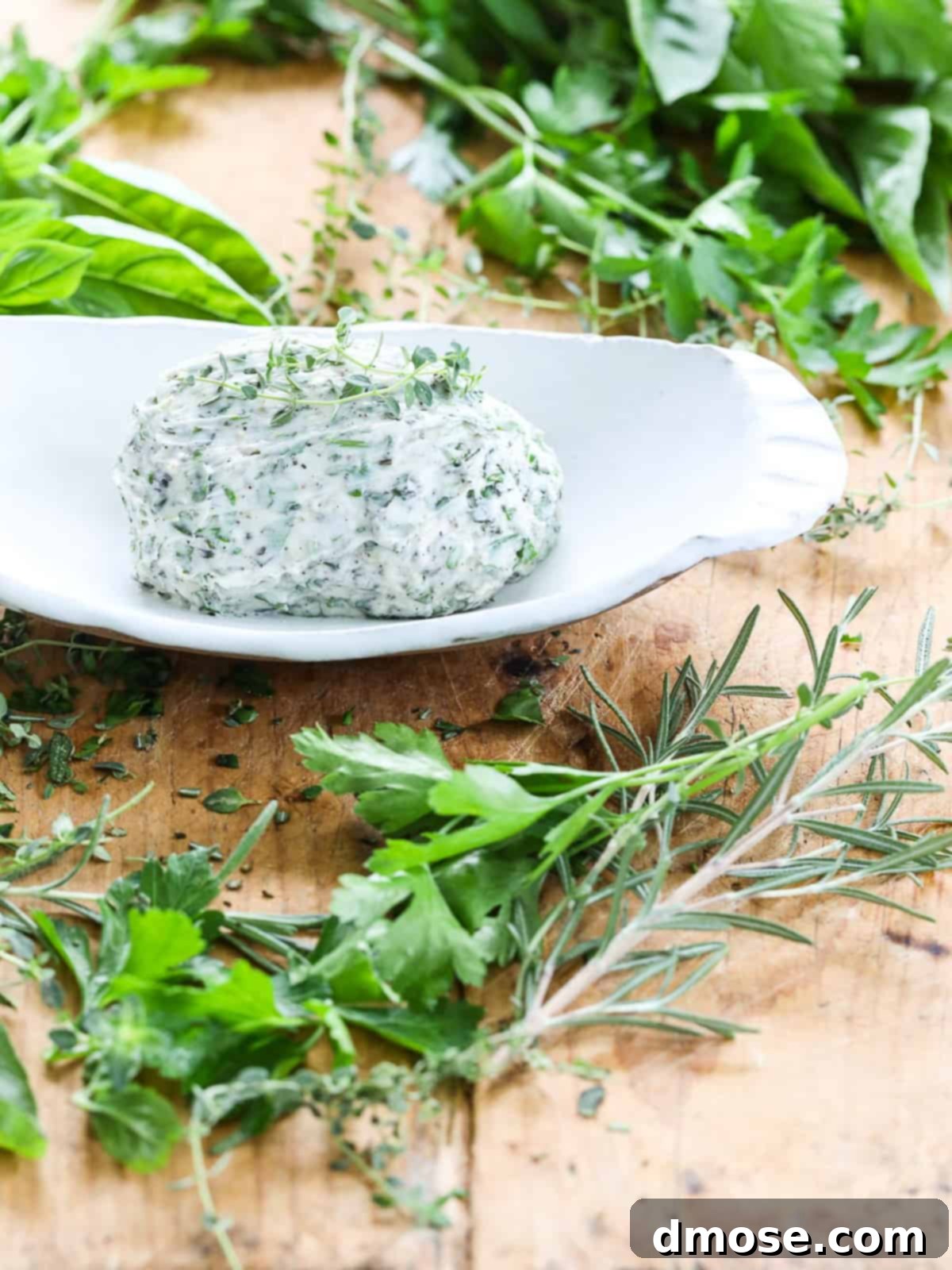 Fresh herb butter in a white dish on a cutting board with herbs.