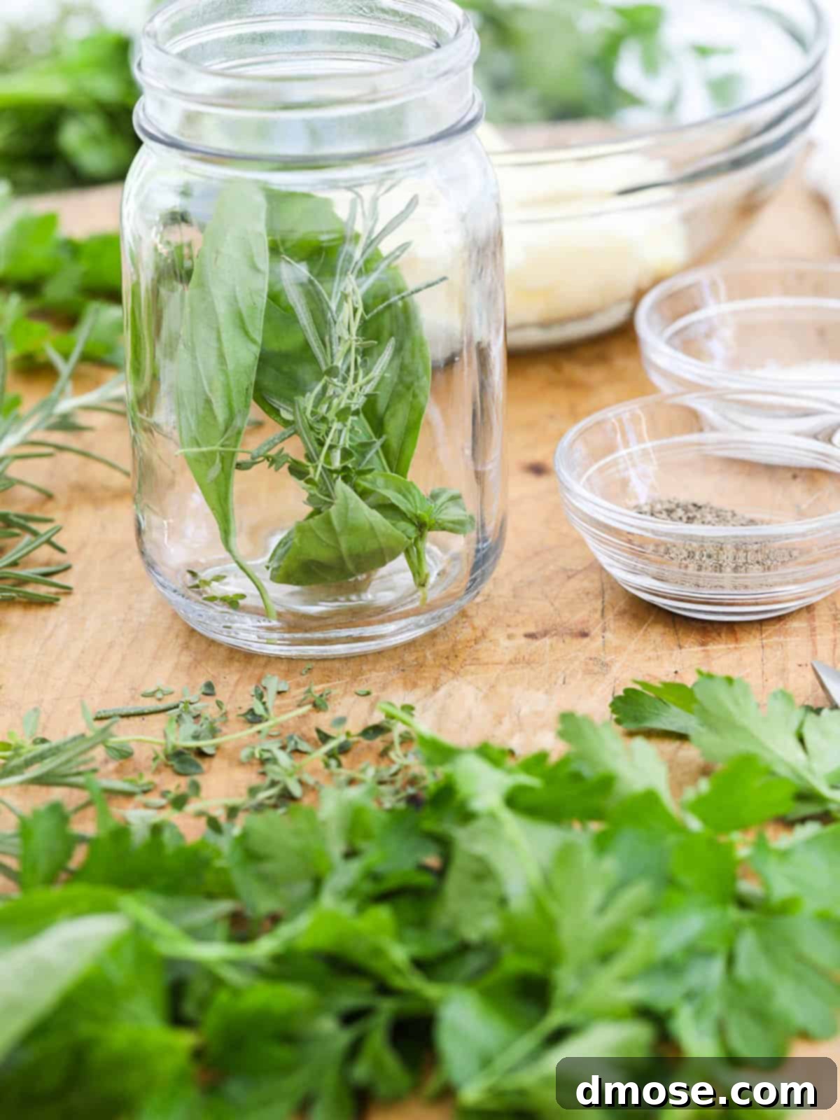 Herbs in a jar ready to be snipped for herb butter.