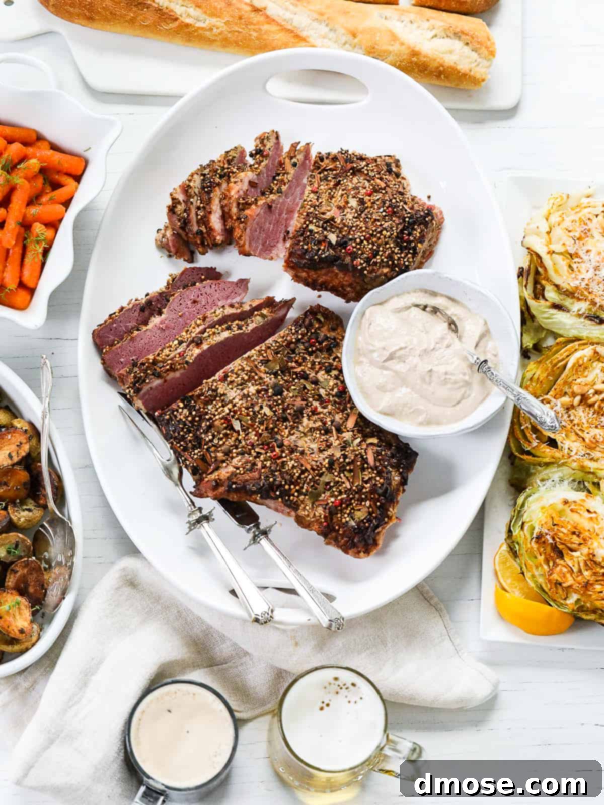 Slow-Cooked Corned Beef Perfection 2 A large white oval platter with corned beef brisket sliced with sauce, beer, and side dishes.
