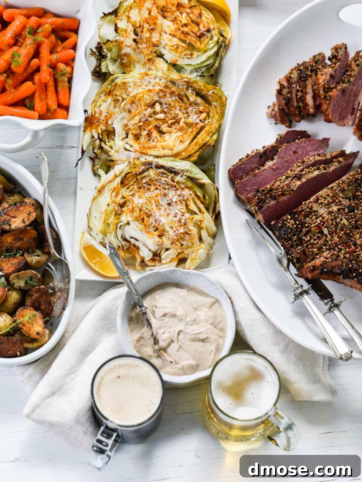 Slow-Cooked Corned Beef Perfection 11 Sliced corned beef with sides and sauce.