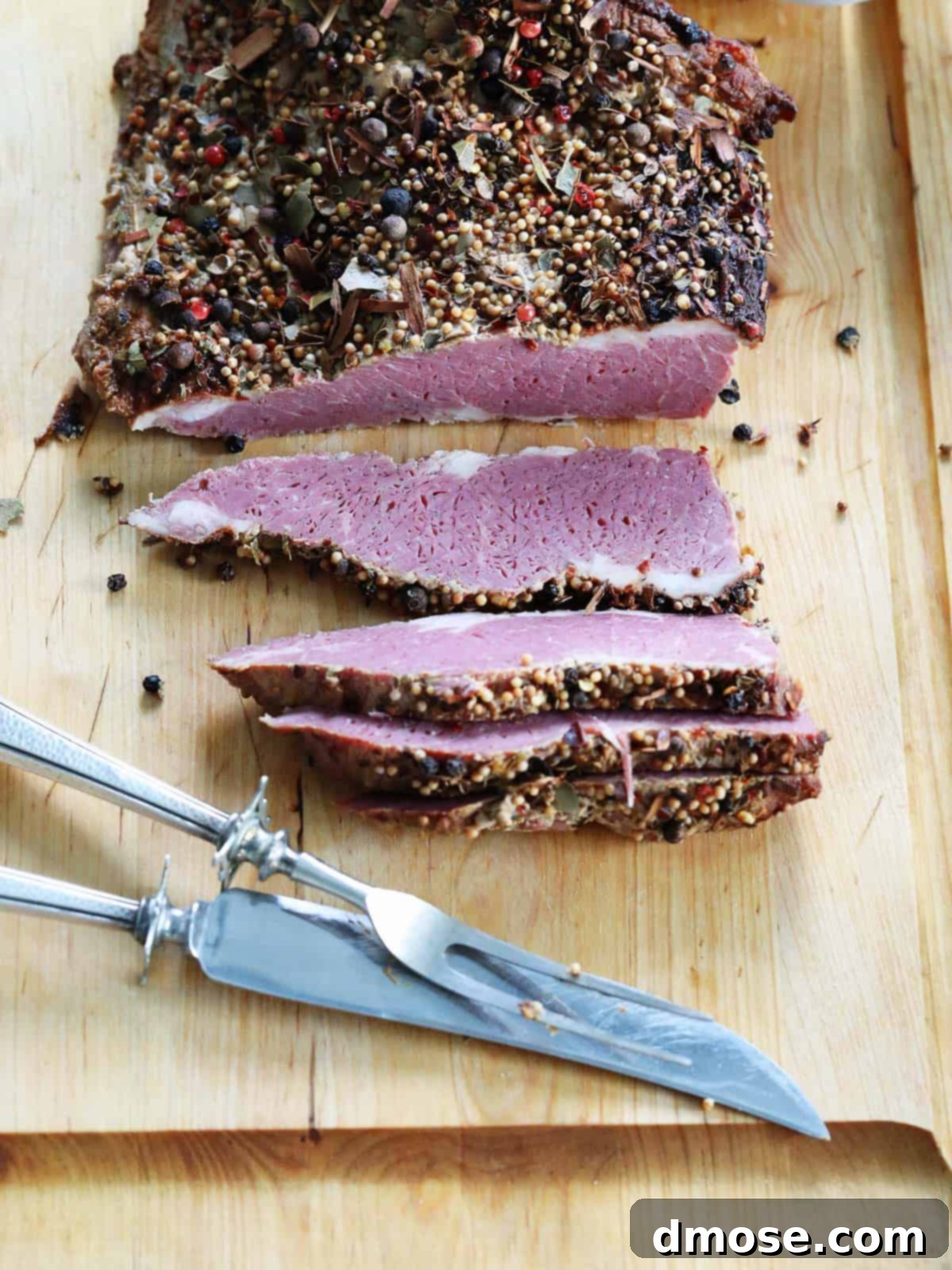 Slow-Cooked Corned Beef Perfection 12 Long slices of corned beef brisket on a wood cutting board with a silver carving set.
