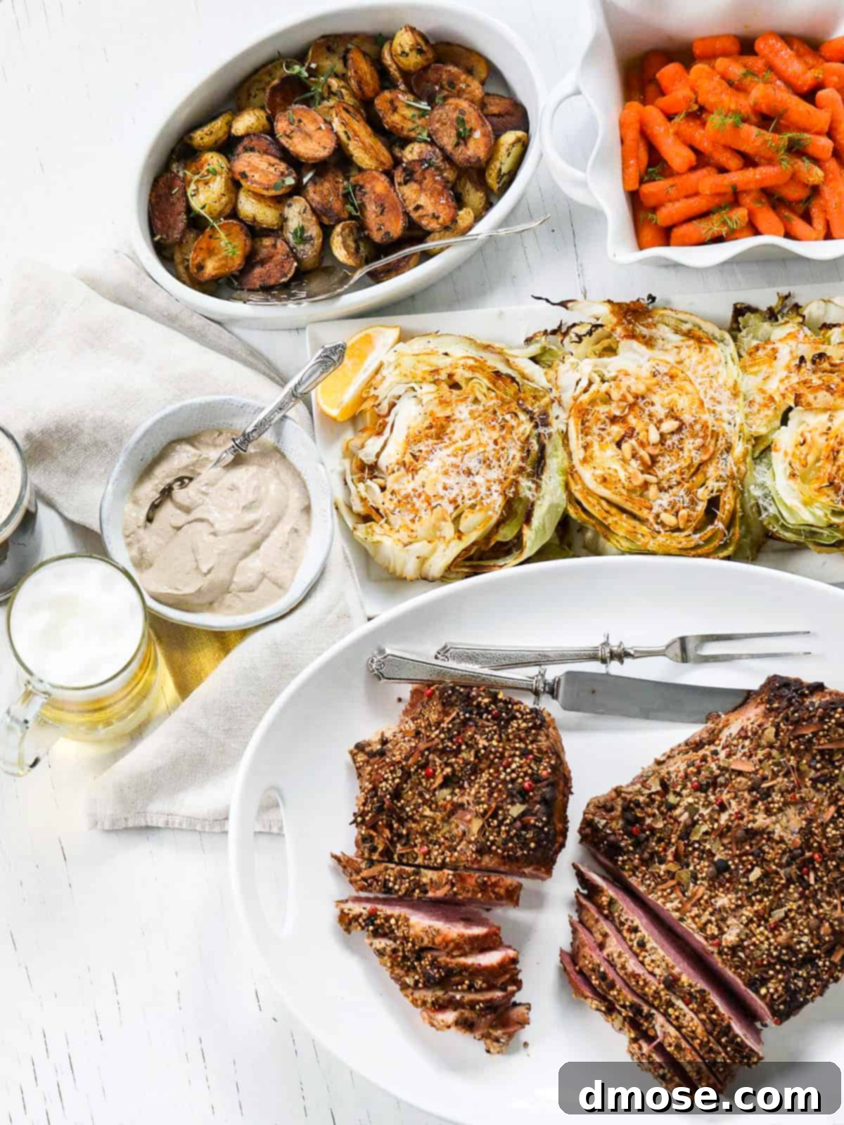 Slow-Cooked Corned Beef Perfection 13 An entire corned beef dinner with sliced beef brisket, roasted cabbage, candied carrots, and roasted potatoes, horseradish cream sauce and glasses of beer.