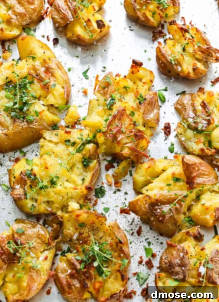 Slow-Cooked Corned Beef Perfection 20 A sheet pan of smashed potatoes with fresh herbs baked with crispy golden brown edges.