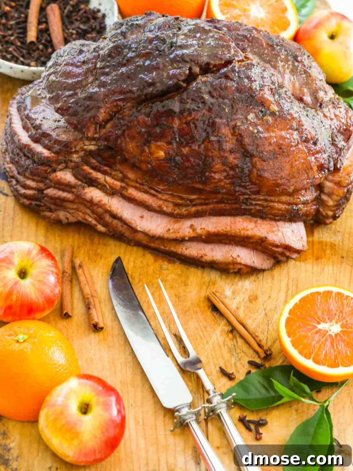 Rich Double Smoked Ham Zesty Orange Honey Glazed 2 A beautifully glazed, golden-brown spiral ham fresh out of the smoker, glistening with its orange honey glaze, ready to be carved.