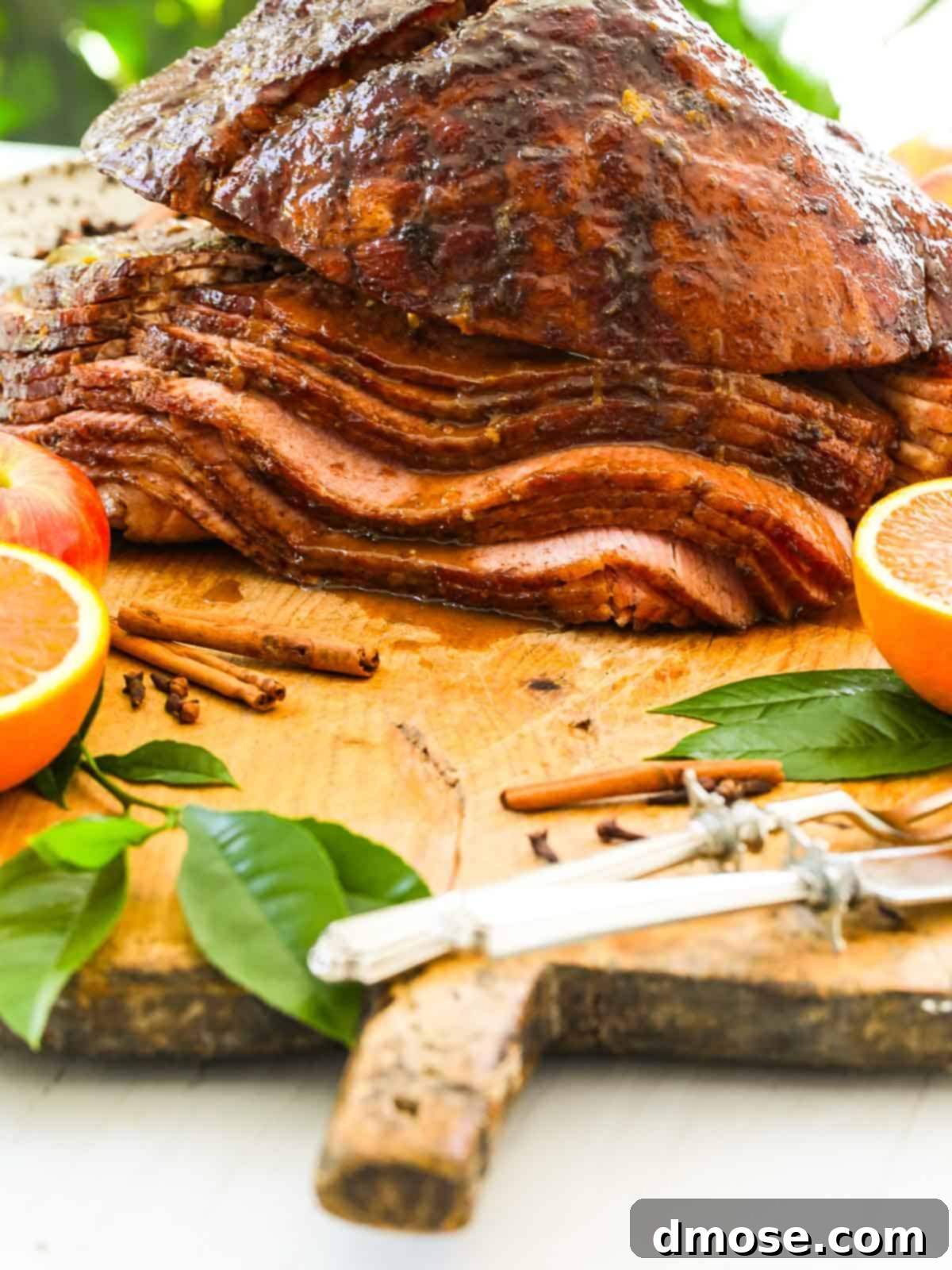 Rich Double Smoked Ham Zesty Orange Honey Glazed 3 Generous slices of perfectly smoked ham arranged on a large wooden cutting board, showcasing its tender texture.