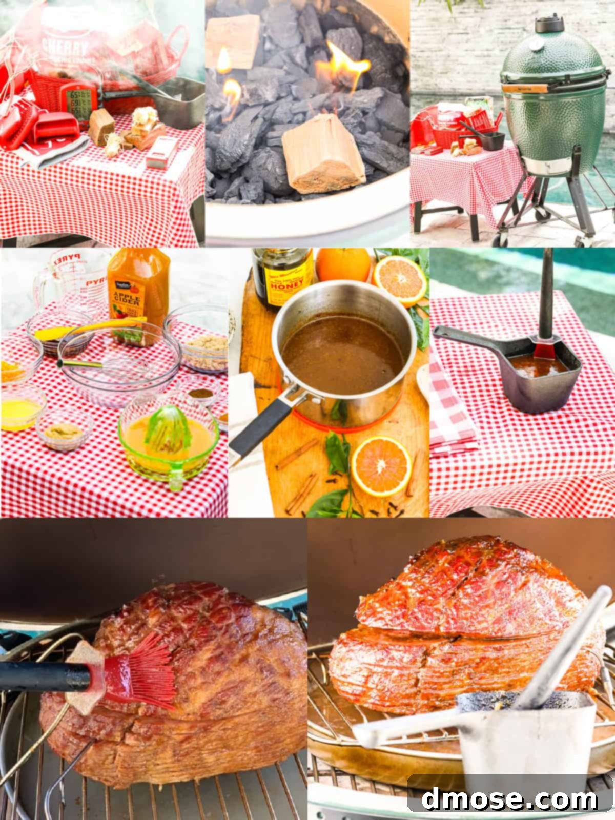 Rich Double Smoked Ham Zesty Orange Honey Glazed 5 Process shots showing the steps for smoking a spiral cut ham, including setting up the smoker, preparing the ham, and applying the glaze.