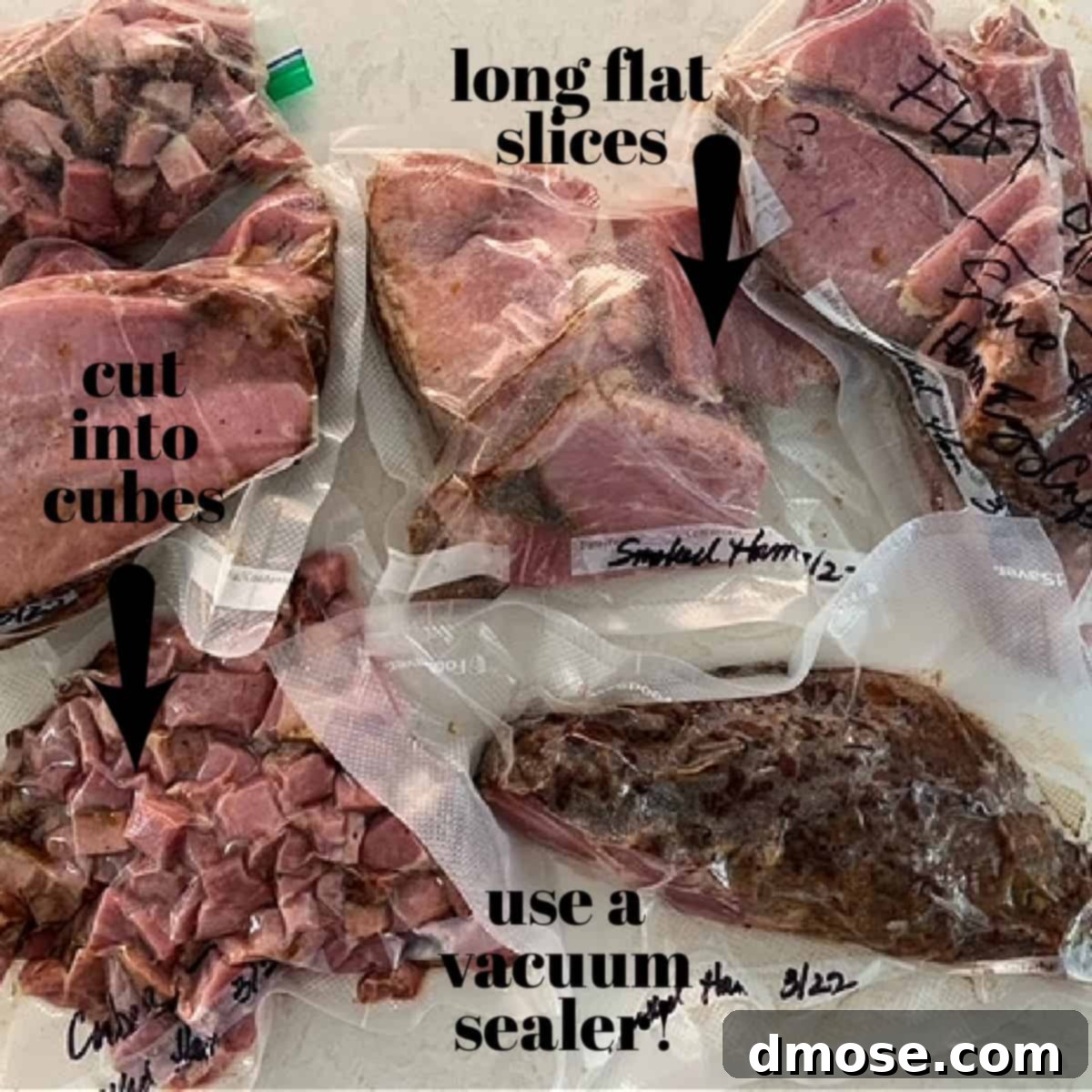 Rich Double Smoked Ham Zesty Orange Honey Glazed 9 Sliced smoked ham being vacuum sealed in a FoodSaver bag for long-term storage, showing best practices for freezing leftovers.