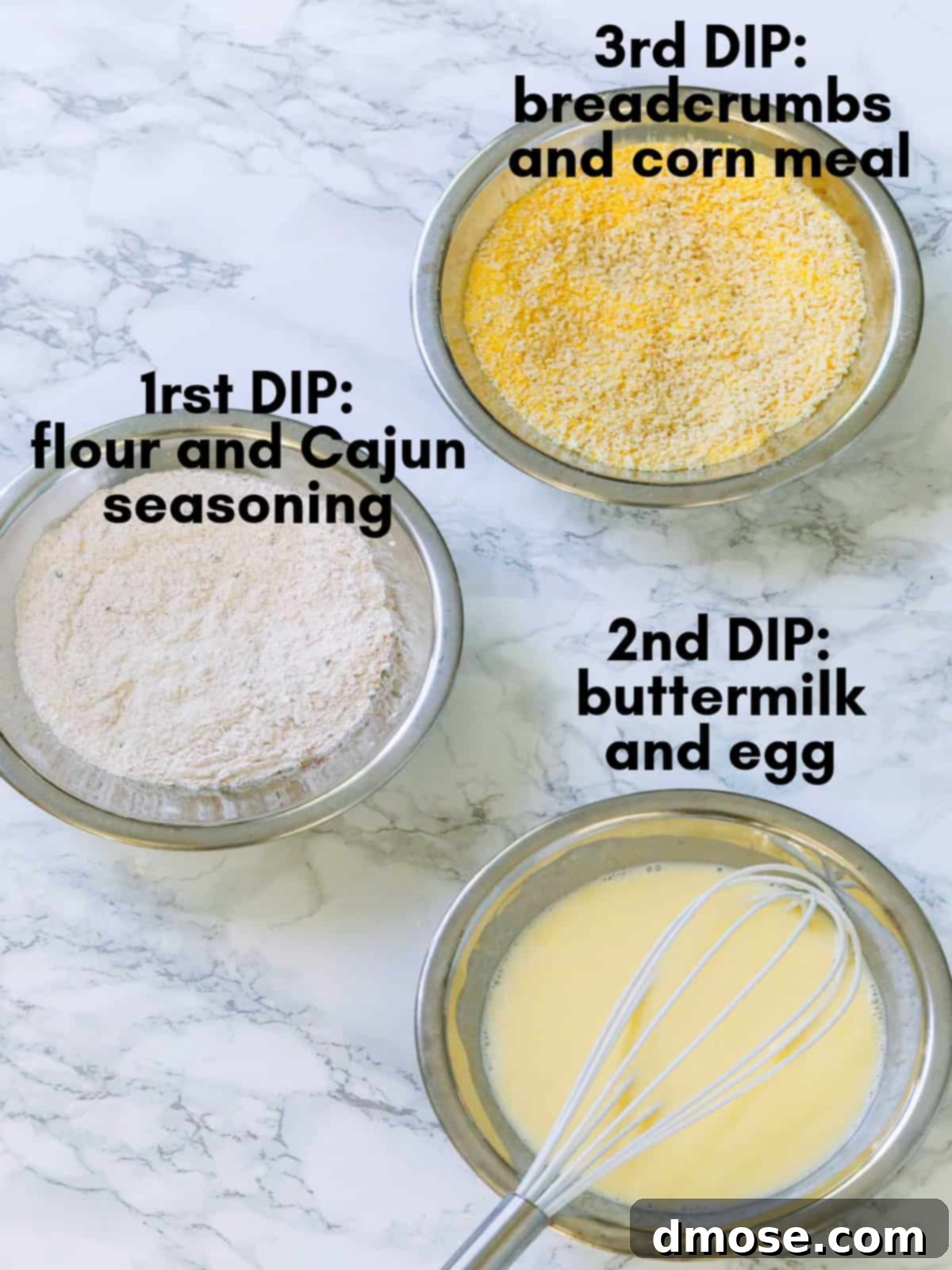 A graphic with 3 prep bowls for dipping fried green tomatoes before frying.