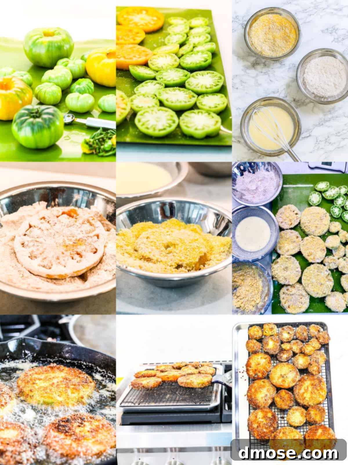 A collage of 9 photos showing how to make fried green tomatoes and the dipping stations before deep frying.