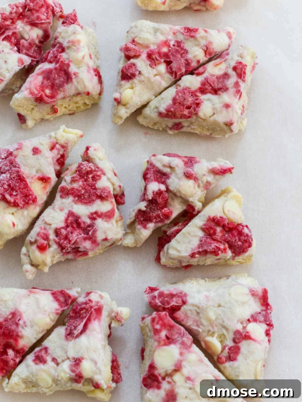 Frozen raspberry scones dough cut and studded with white chocolate chips and sweet red raspberries, ready for baking.