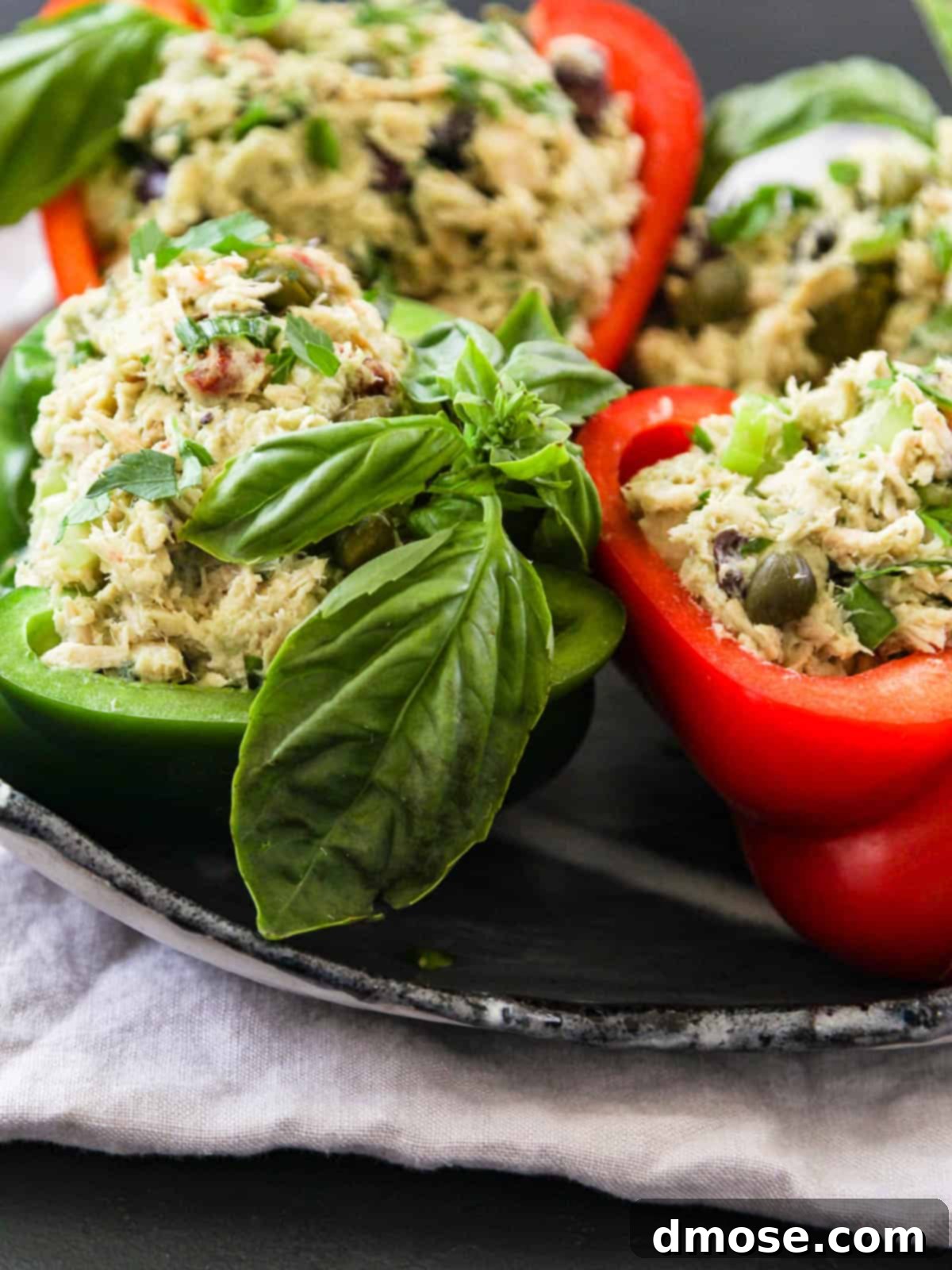 Tuna Salad served in half of a large red bell pepper.