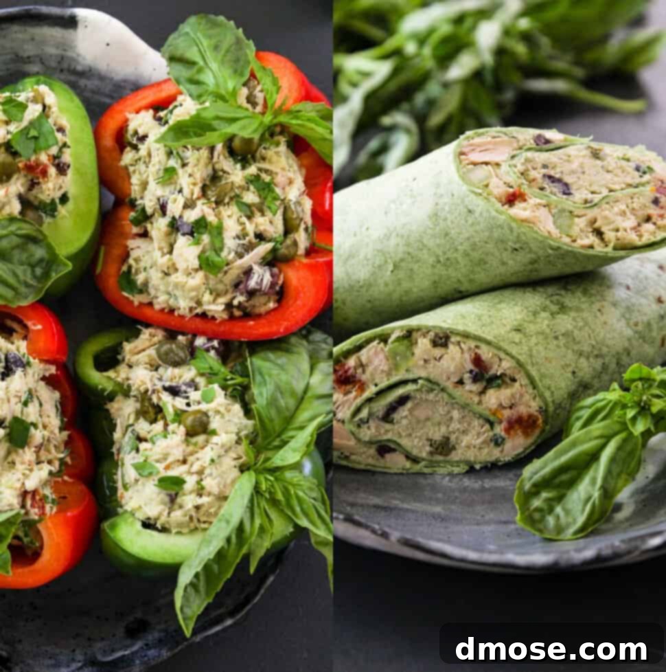 Red and green Bell pepper halves filled and green tortilla wraps filled with no mayo Greek Yogurt Tuna Salad.