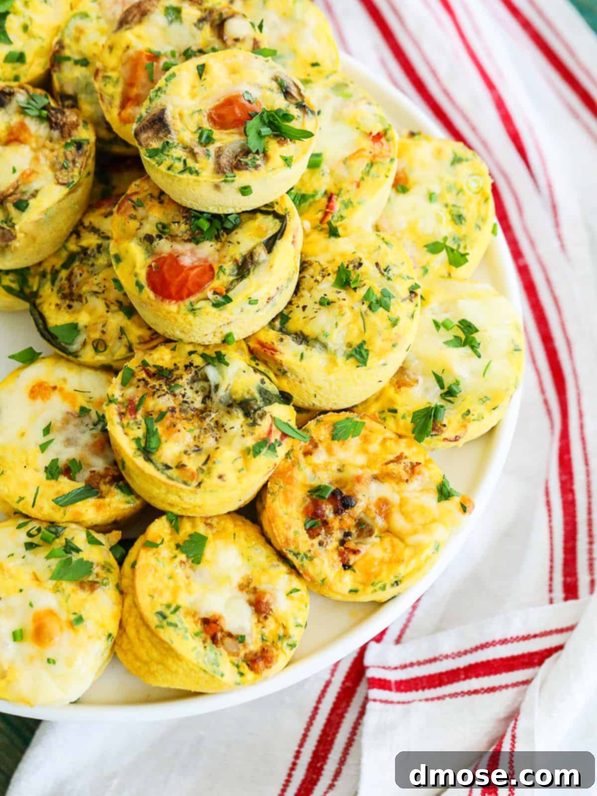 Overhead view of a plate of various Egg Muffins.