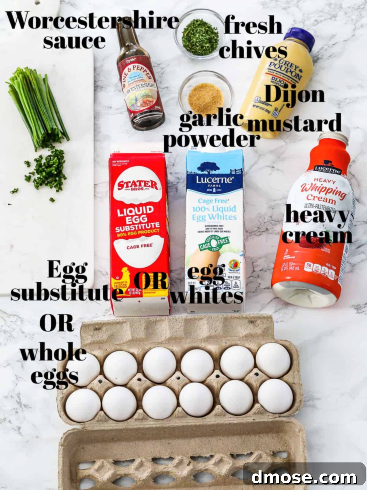 Ingredients laid out for making Egg Muffins, including eggs, cream, seasonings, and various fillings.