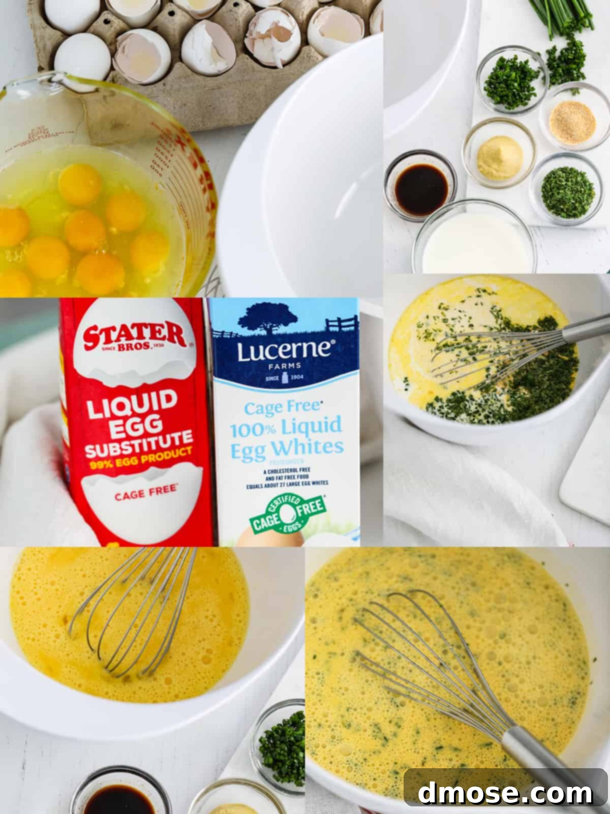 A bowl of whisked egg mixture with heavy cream and seasonings, ready for muffin tins.