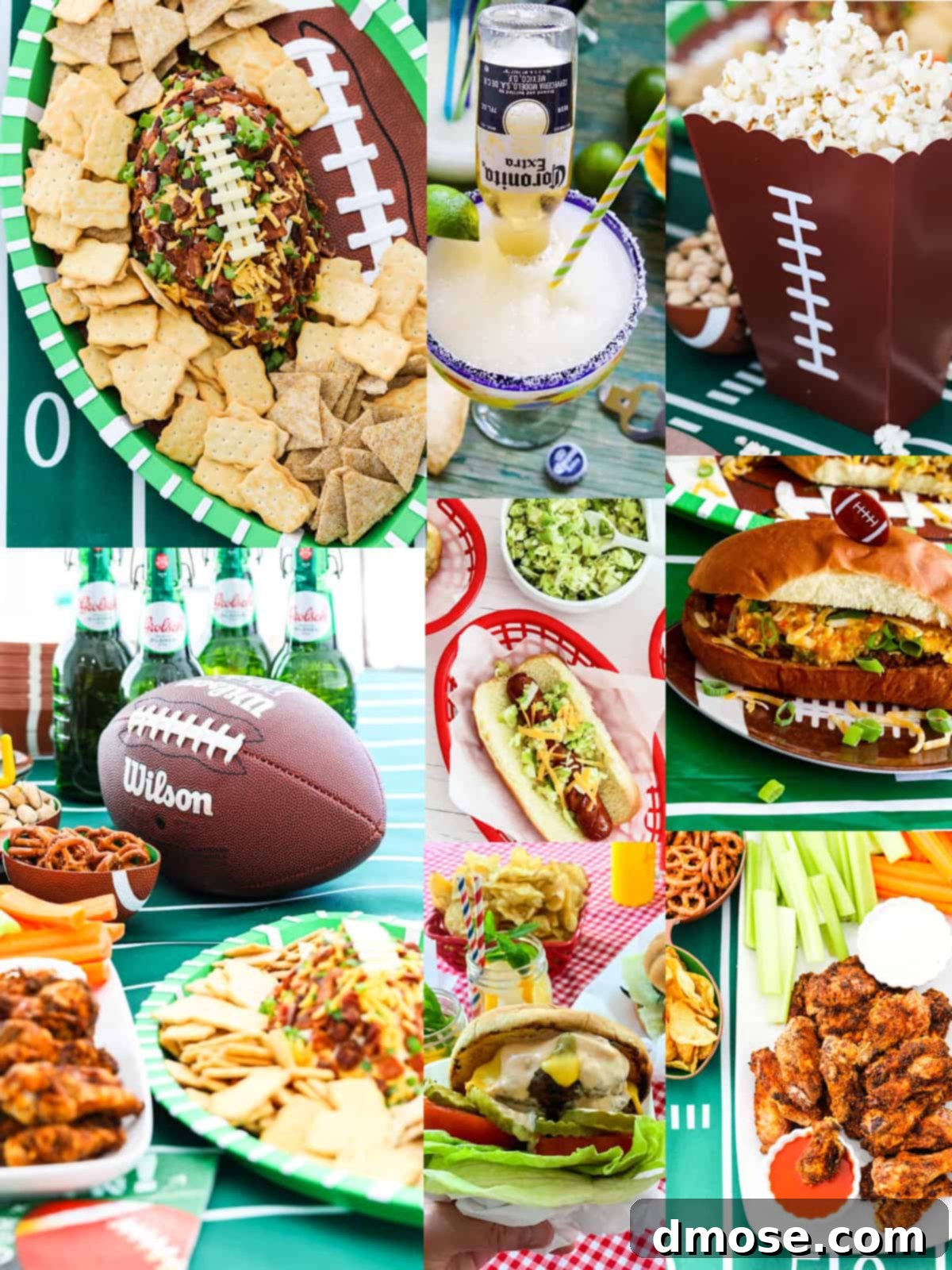 An overhead shot of a vibrant game day spread featuring an array of football-themed appetizers and snacks on a picnic table, perfect for a Super Bowl party or tailgate.