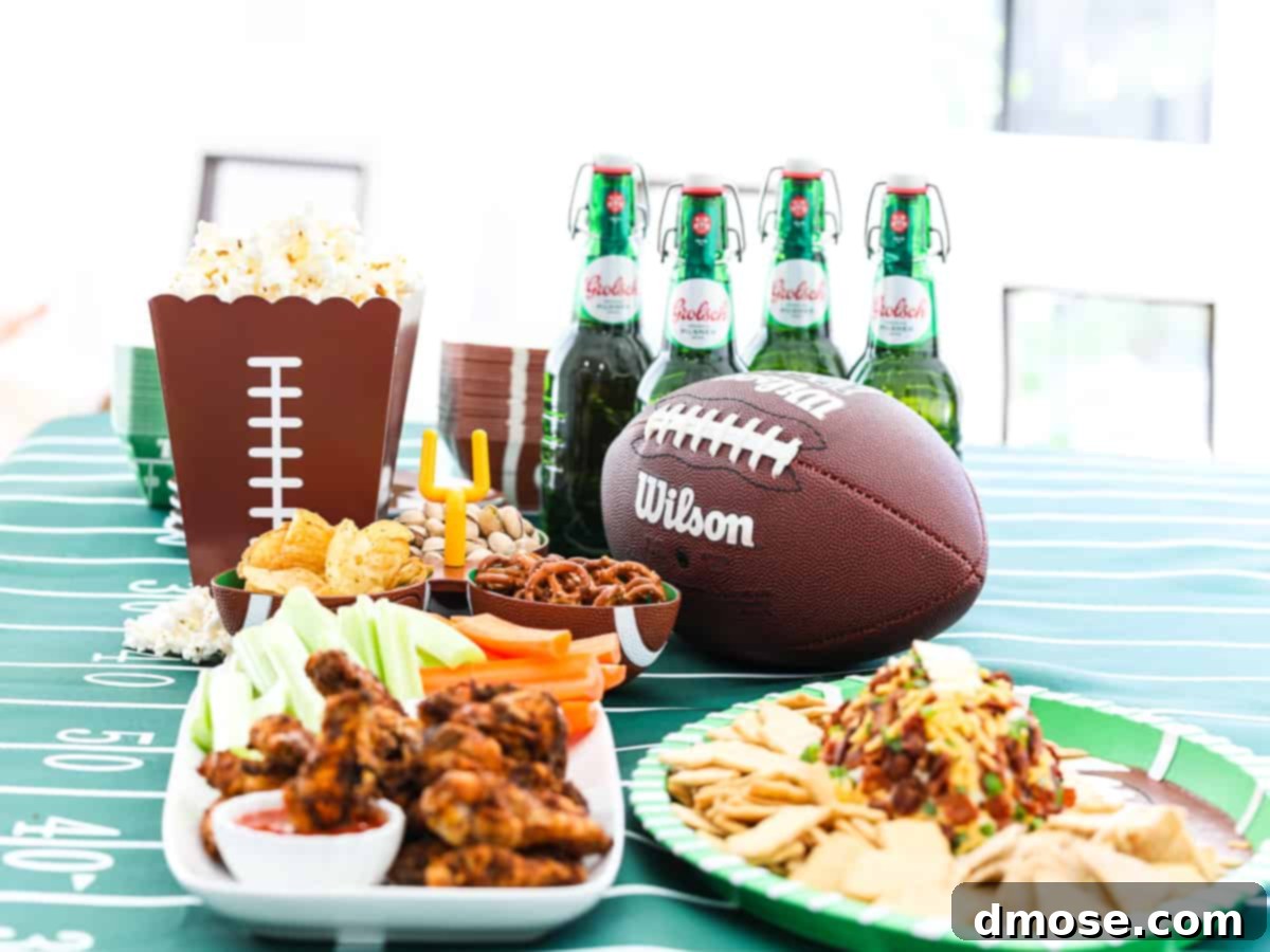 A beautifully arranged football-themed party table showcasing a spread of delicious game day foods and snacks.