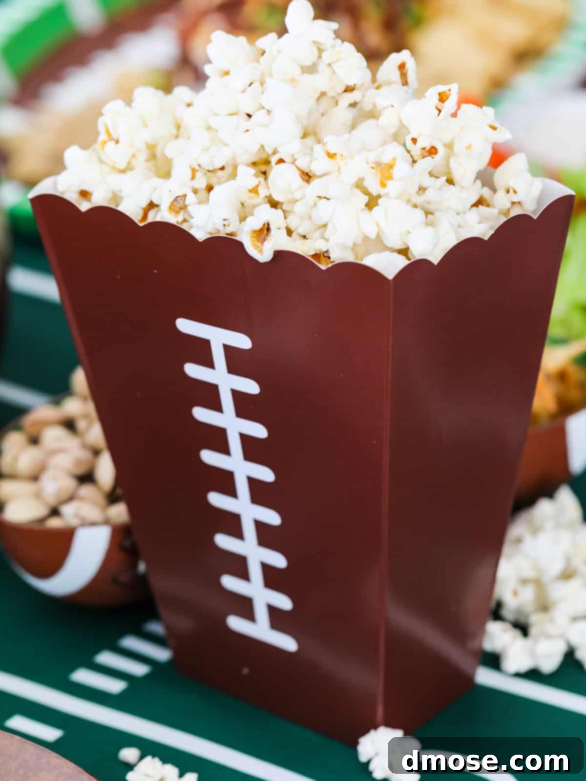 A large bucket of freshly popped popcorn, perfectly seasoned and ready to be enjoyed as a classic game day snack at a football party.