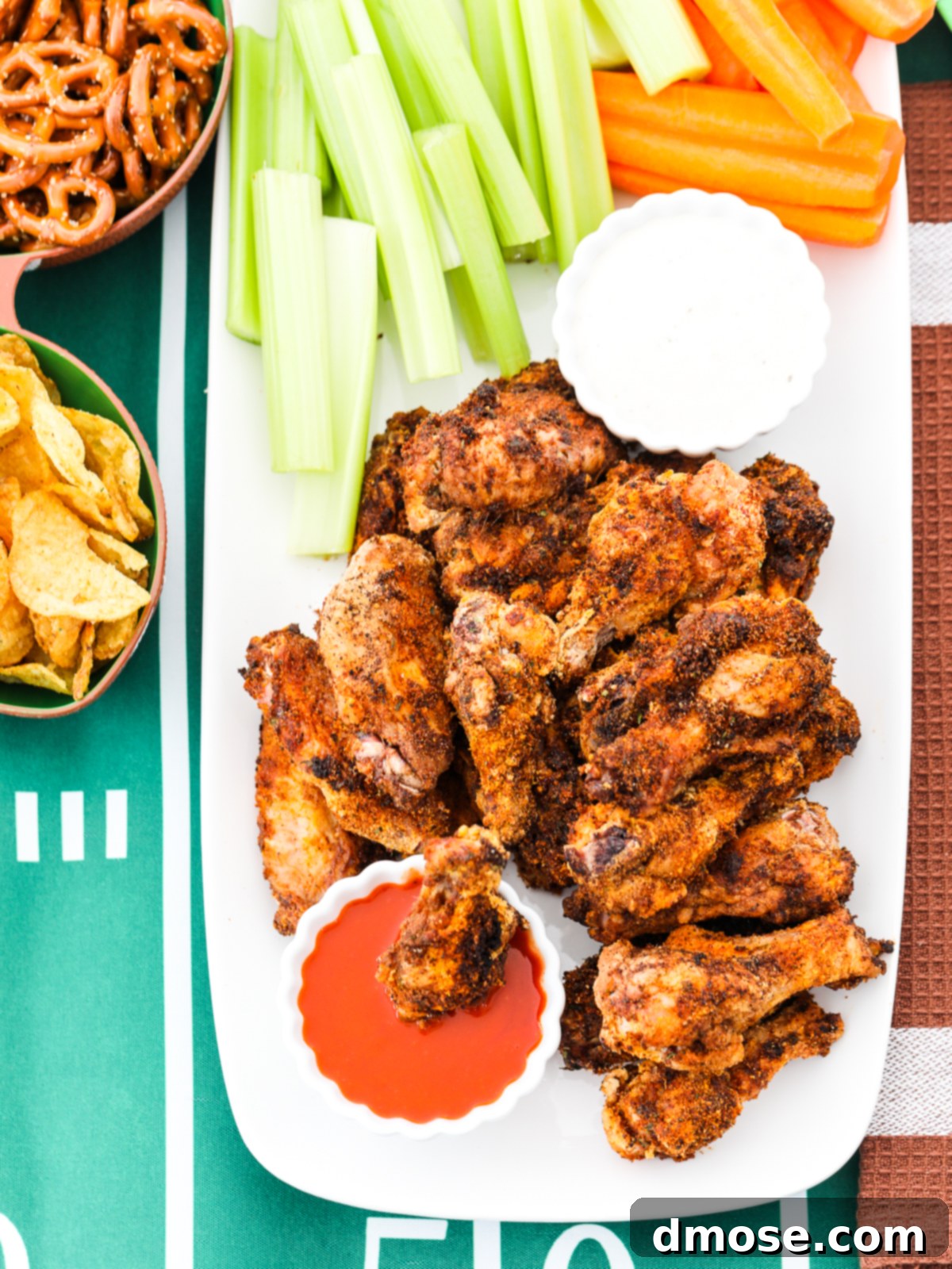 A platter laden with crispy dry-rub baked chicken wings, golden brown and perfectly cooked, ready to be devoured as a game day appetizer.