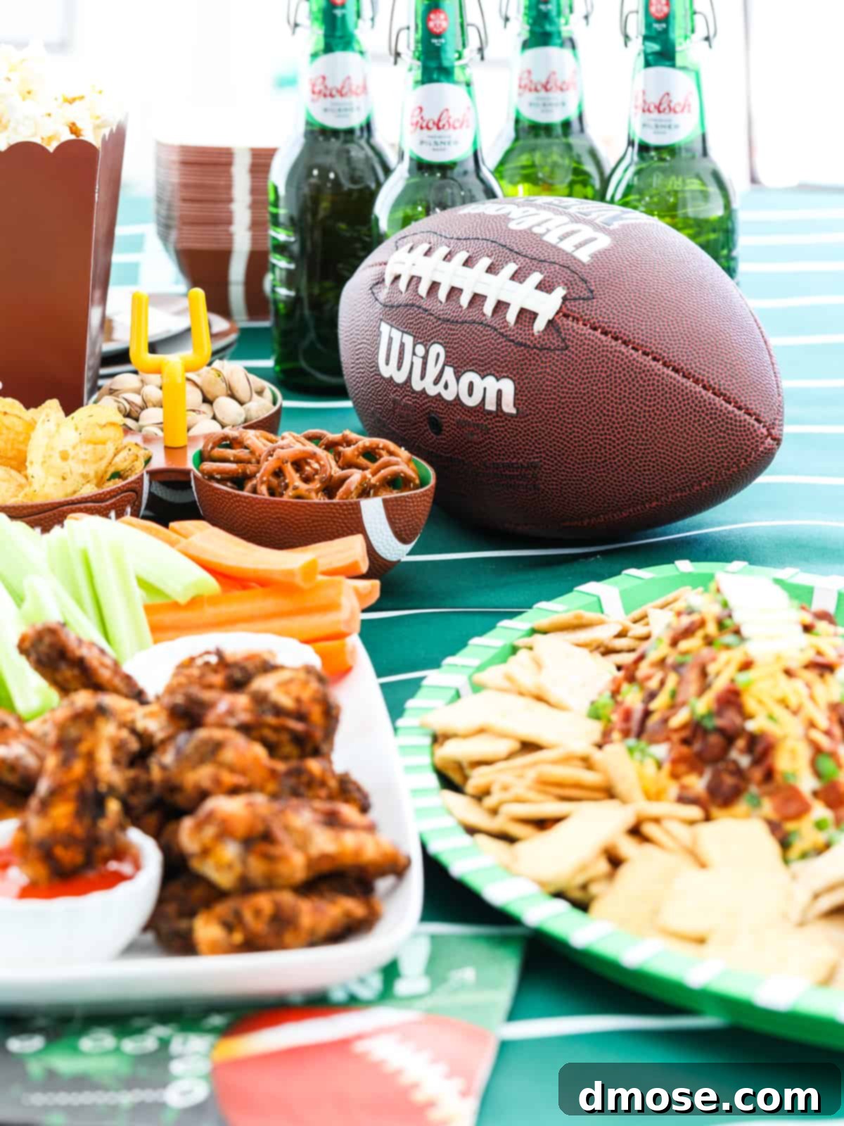 A close-up shot of various game day snacks and appetizers arranged on a football-themed table, emphasizing the festive culinary aspect of the event.