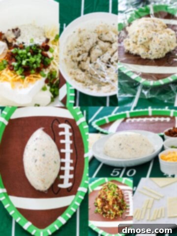 Process shots of making the Football Cheese Ball, showing the mixture, shaping, and decorating steps.
