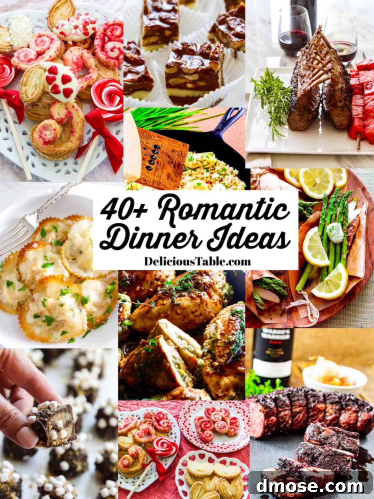 Intimate Meal Inspirations 2 A collage of romantic dinner recipes for Valentine's Day including lobster ravioli, salmon, beef in wine sauce, and heart shaped cookies.