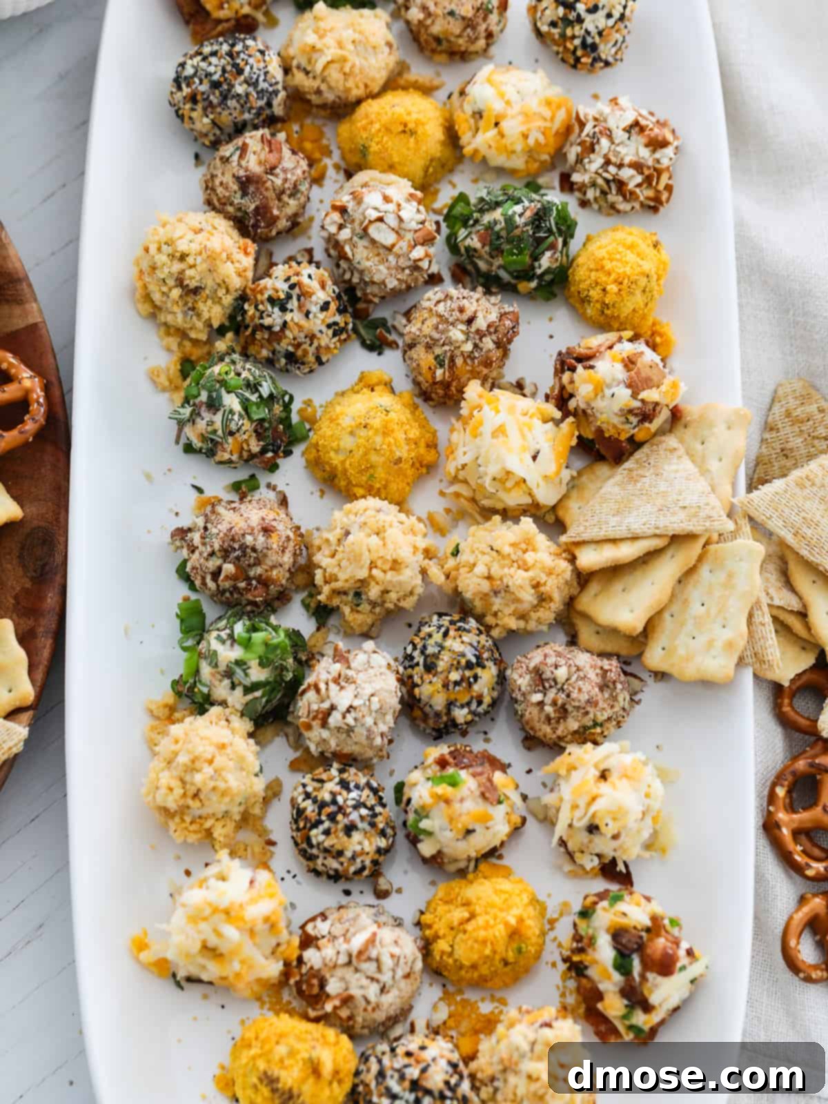 Gourmet Cheese Truffle Bites 13 A rustic wooden board with cheese truffles served alongside crackers and pretzels.