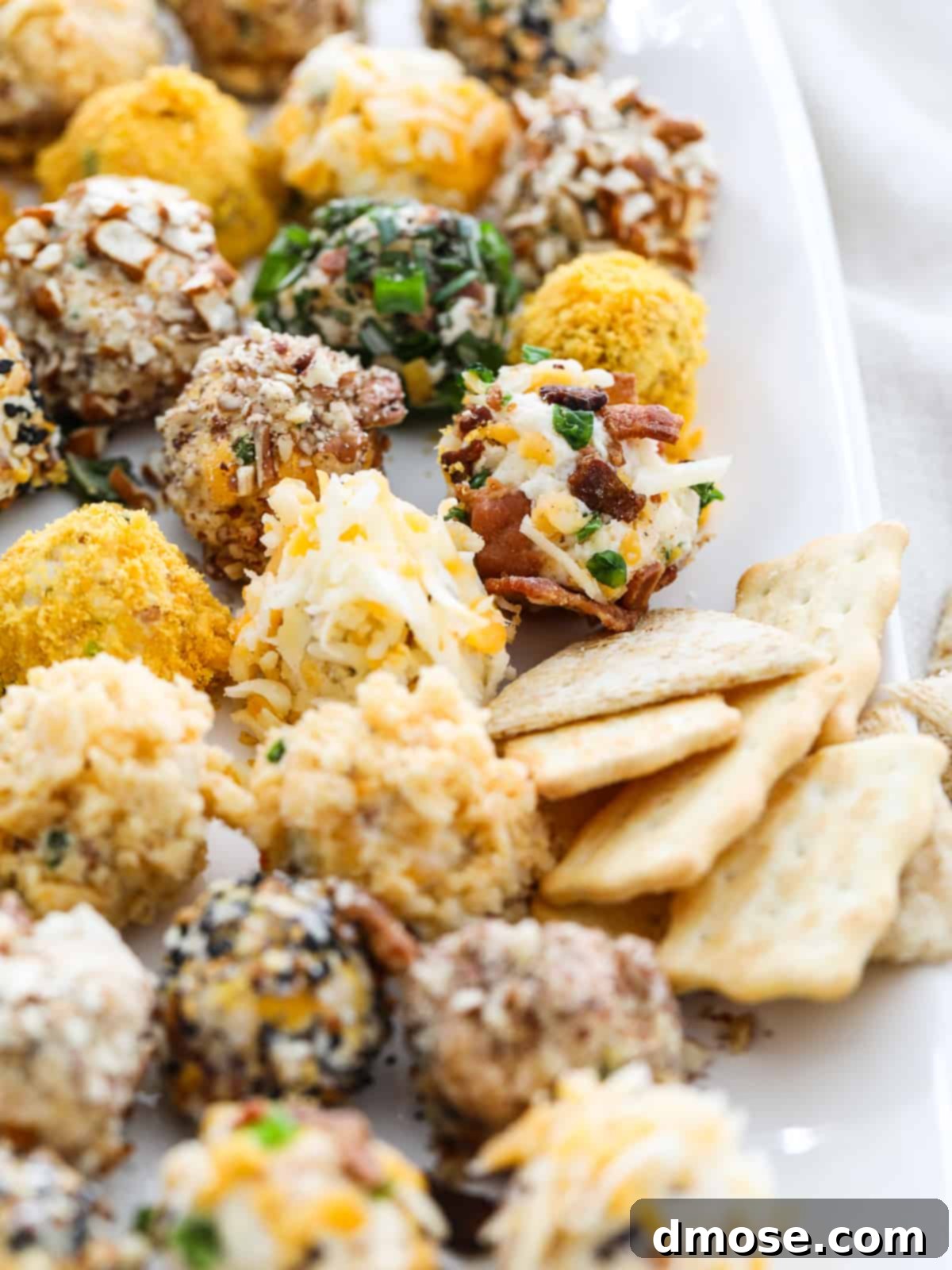 Gourmet Cheese Truffle Bites 15 A selection of cheese truffles with various toppings arranged on a platter with crackers.