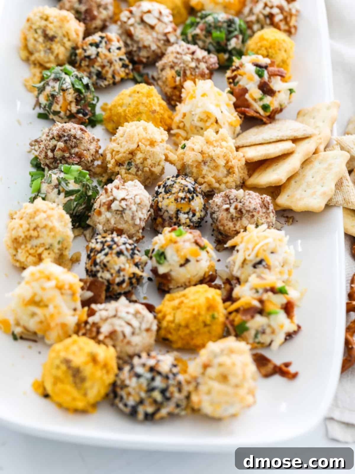 Gourmet Cheese Truffle Bites 3 Close-up of three cheese truffles, one coated in herbs, another in nuts, and a third in bacon bits.