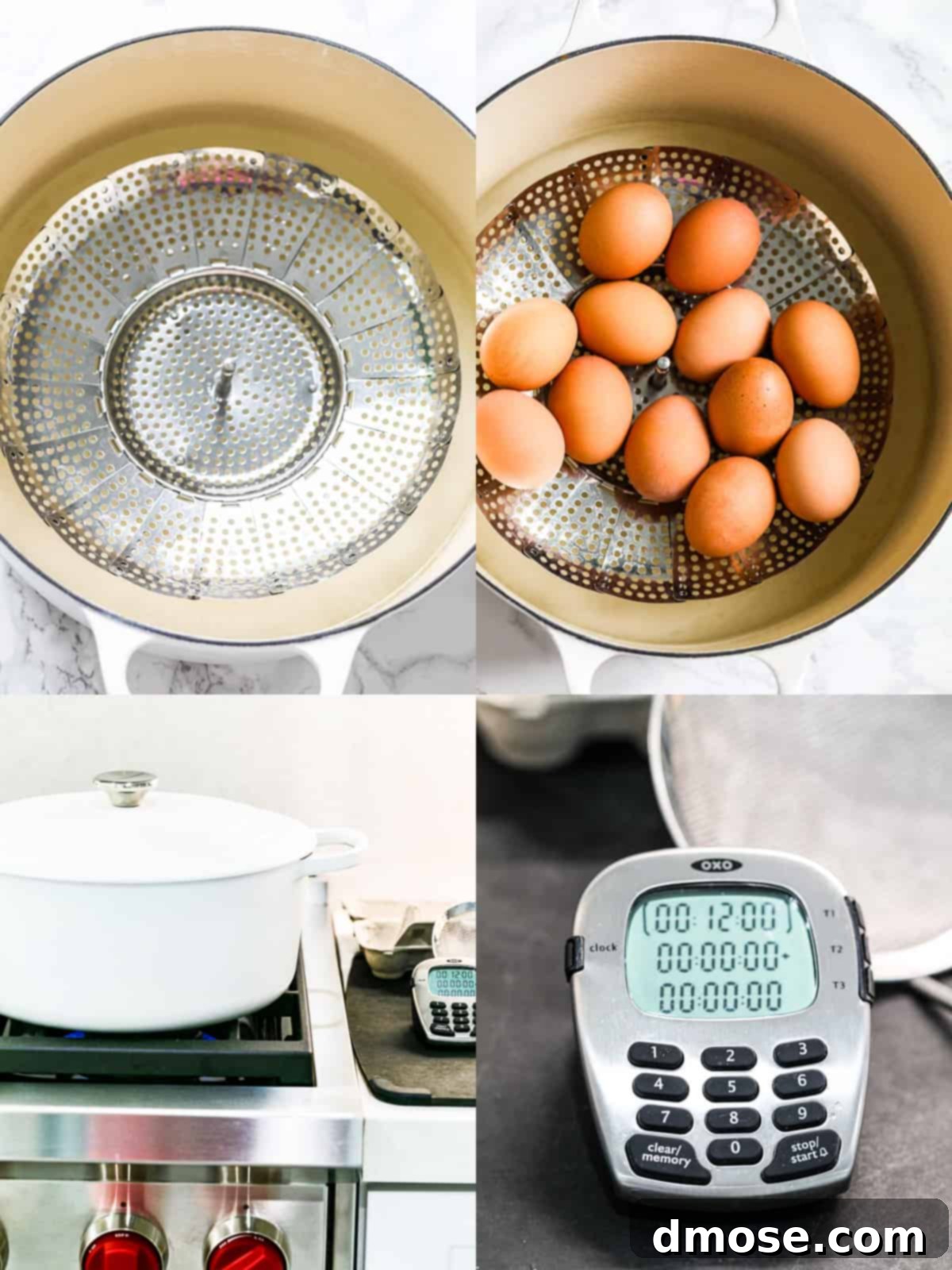 Savory Egg Salad Sensation 5 A collage of images showing the steps to steam eggs in a white pot with a veggie steamer rack.