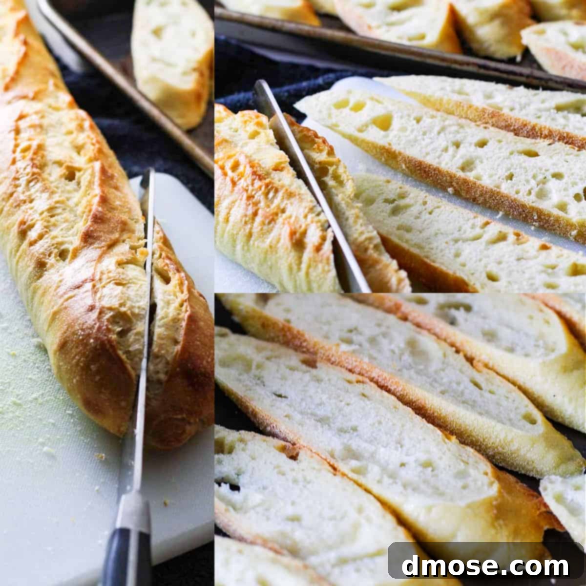 Golden Cheesy Crunch 3 Slicing a baguette for homemade croutons.