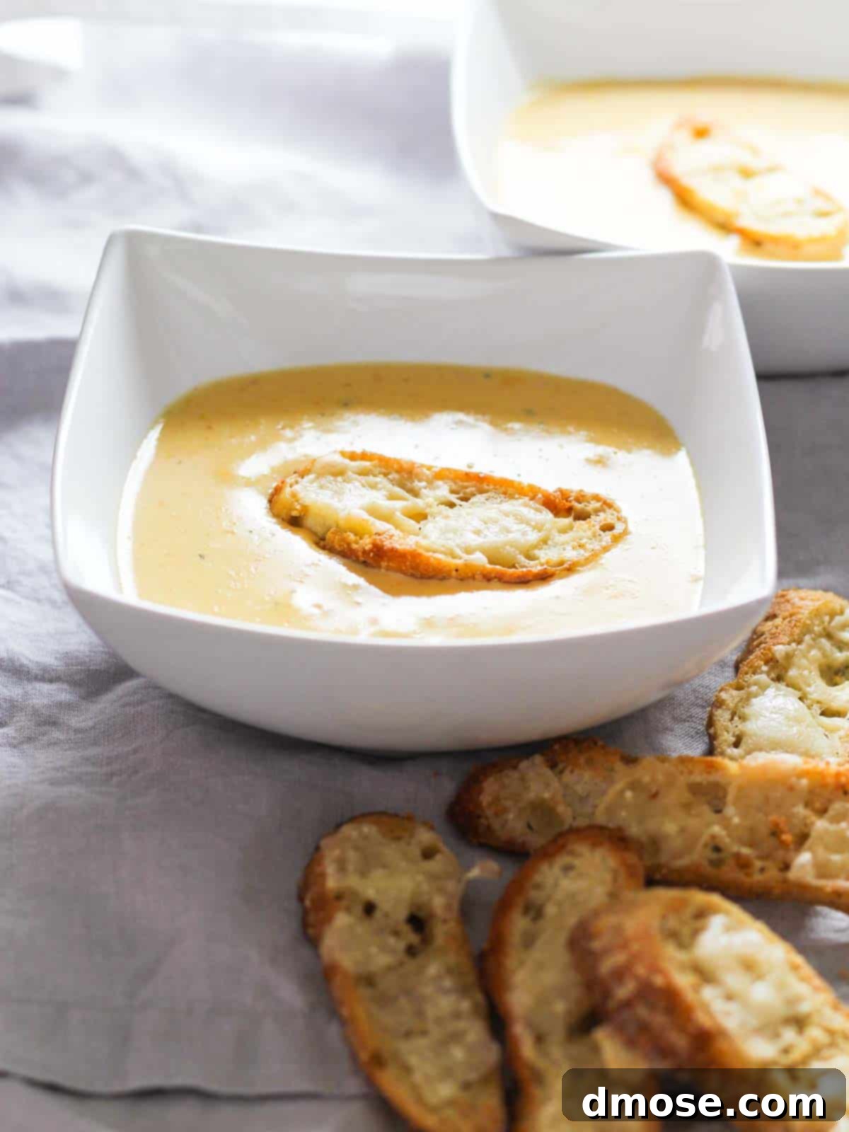 Golden Cheesy Crunch 7 Square white bowl with cheese soup and a large crouton on top.