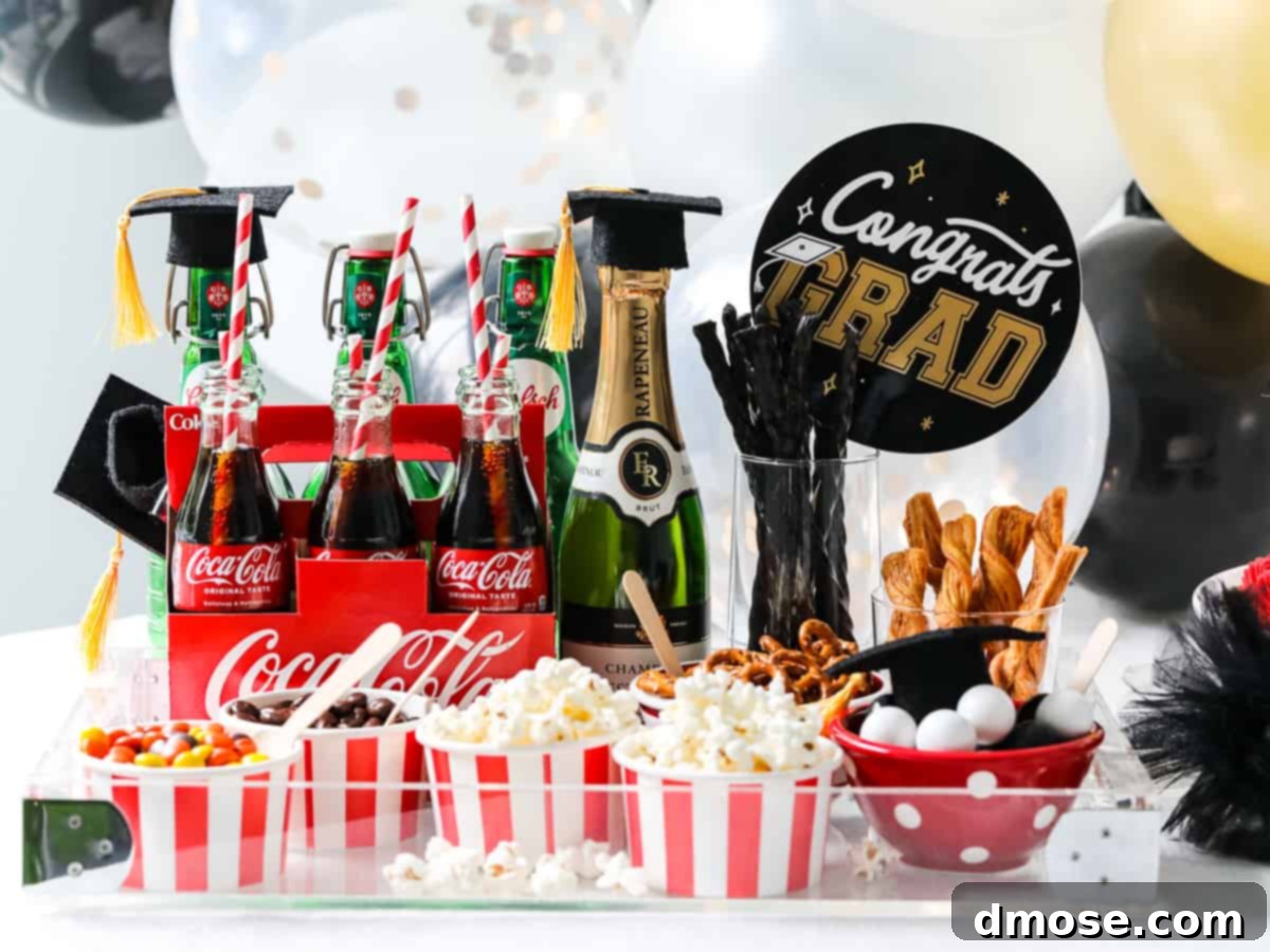 Graduation Party Food Inspiration for 2024 11 A charming display of drinks and snacks tailored for a graduation party, featuring various beverages and treats.