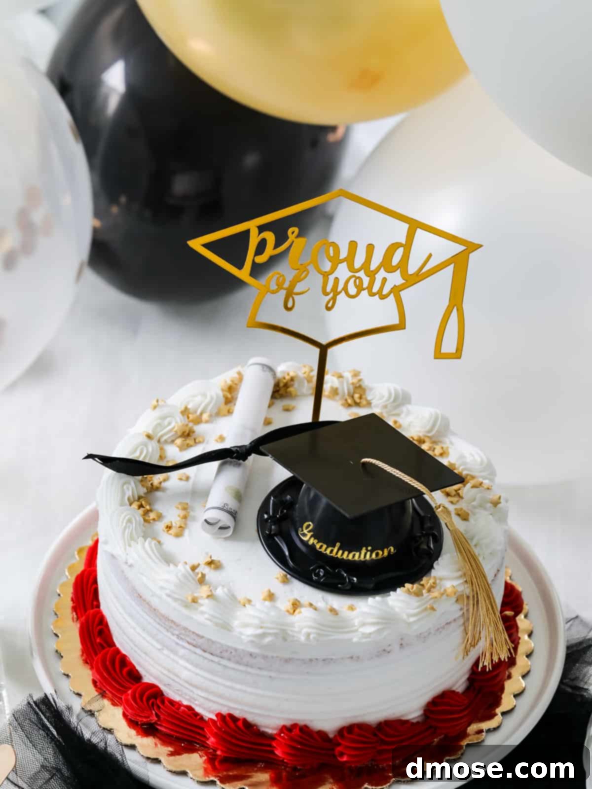 Graduation Party Food Inspiration for 2024 6 An elegant white graduation cake displayed on a stand with festive decor.