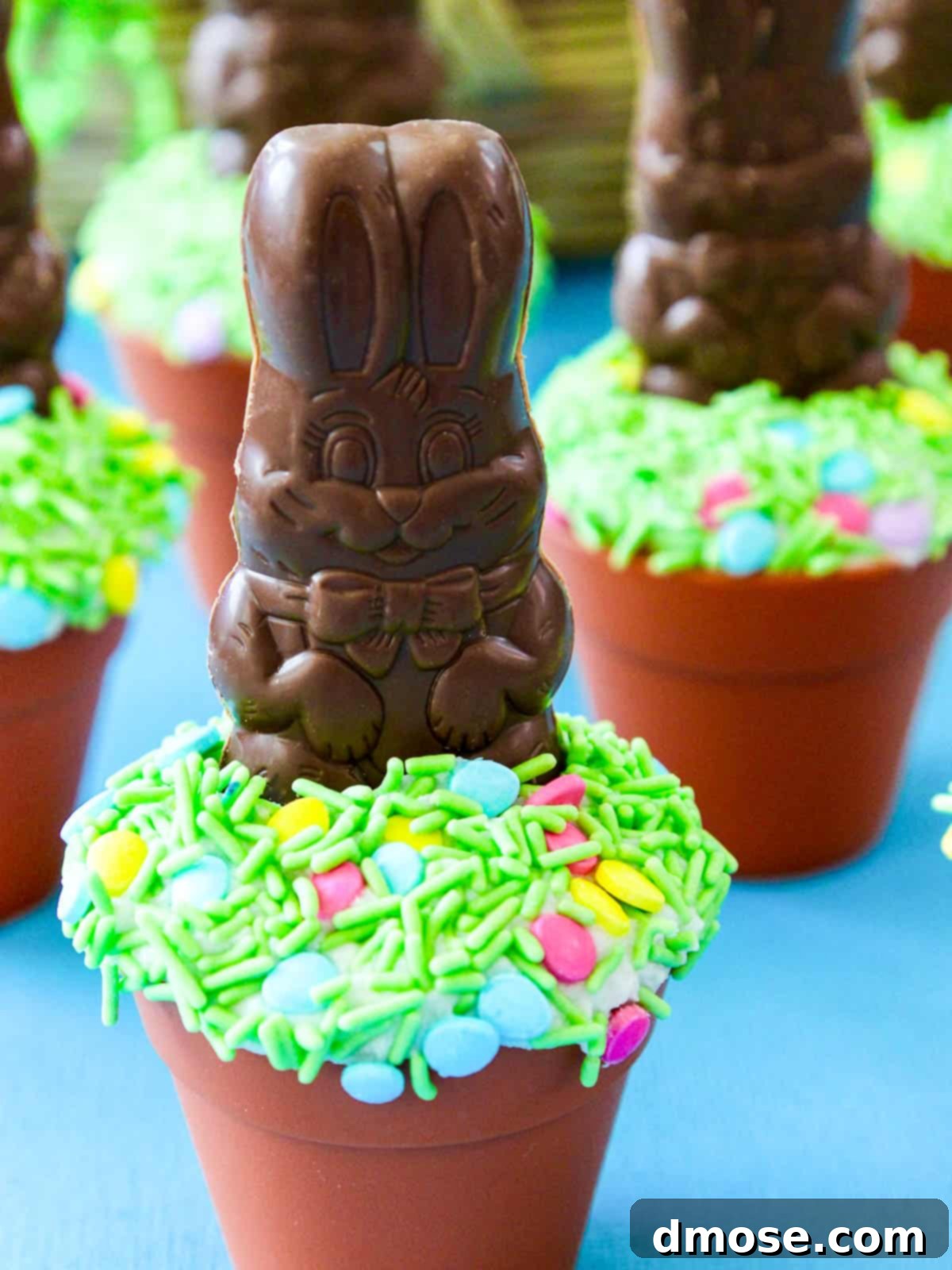 Chocolate Bunny Patch Cupcakes 2 A beautifully arranged display of Chocolate Bunny Cupcakes with green sprinkles and small chocolate bunnies, ready for Easter celebrations.