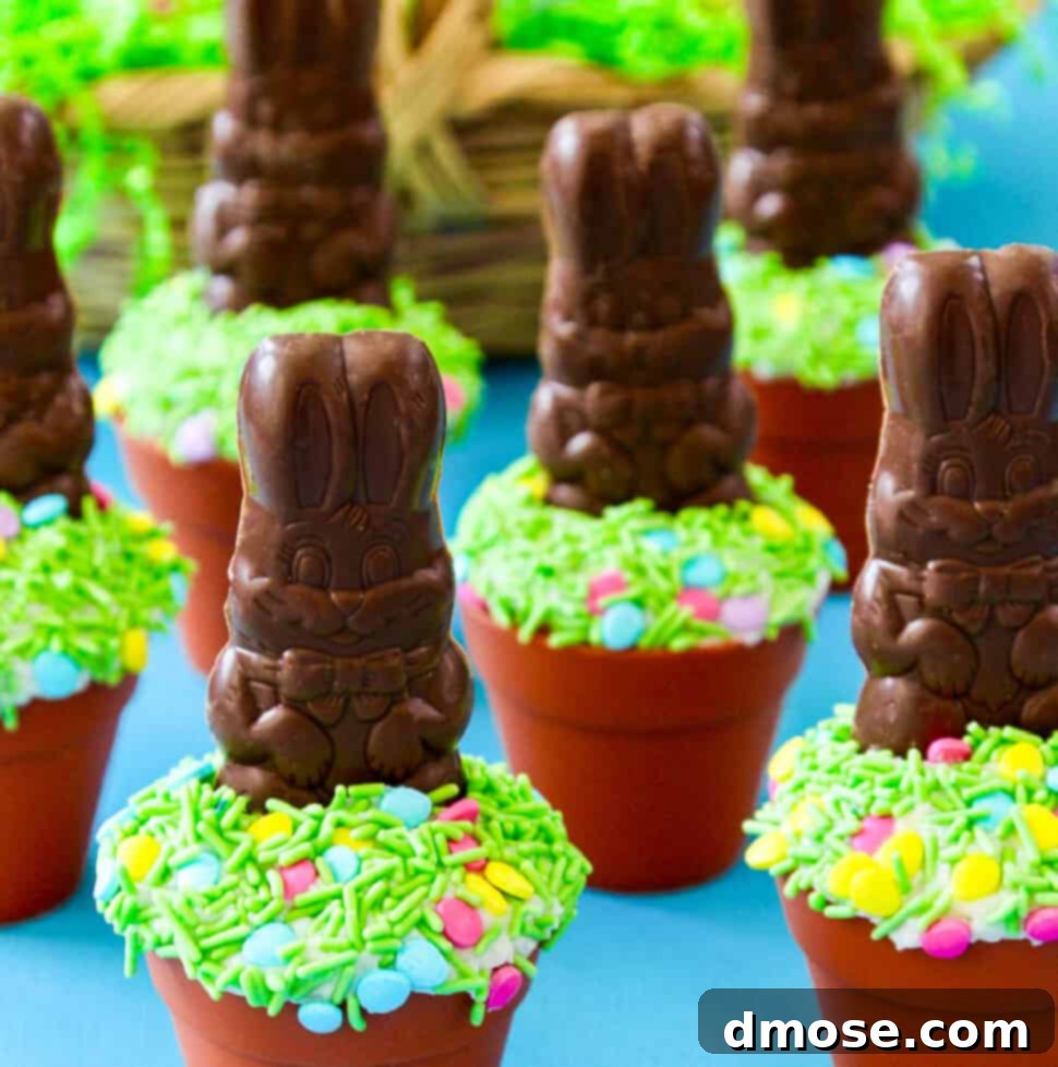 Chocolate Bunny Patch Cupcakes 4 A display of Easter cupcakes decorated with chocolate bunnies and green sprinkles.