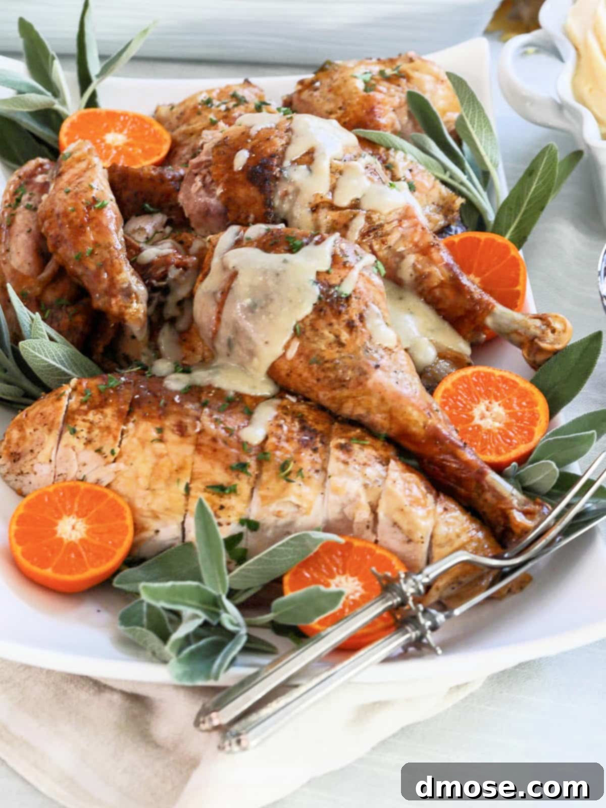 Savory Turkey Gravy 14 A whole spatchcock turkey, golden brown and perfectly roasted, served with a side of rich gravy.