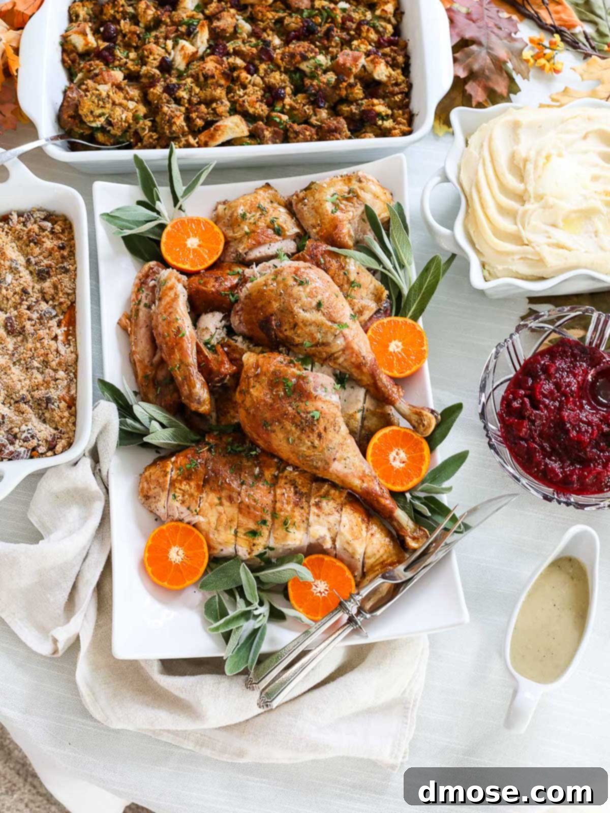 Savory Turkey Gravy 15 A beautifully set Thanksgiving table complete with a generous bowl of mashed potatoes, vibrant cranberry sauce, and a gravy boat brimming with golden turkey gravy, among other festive side dishes.